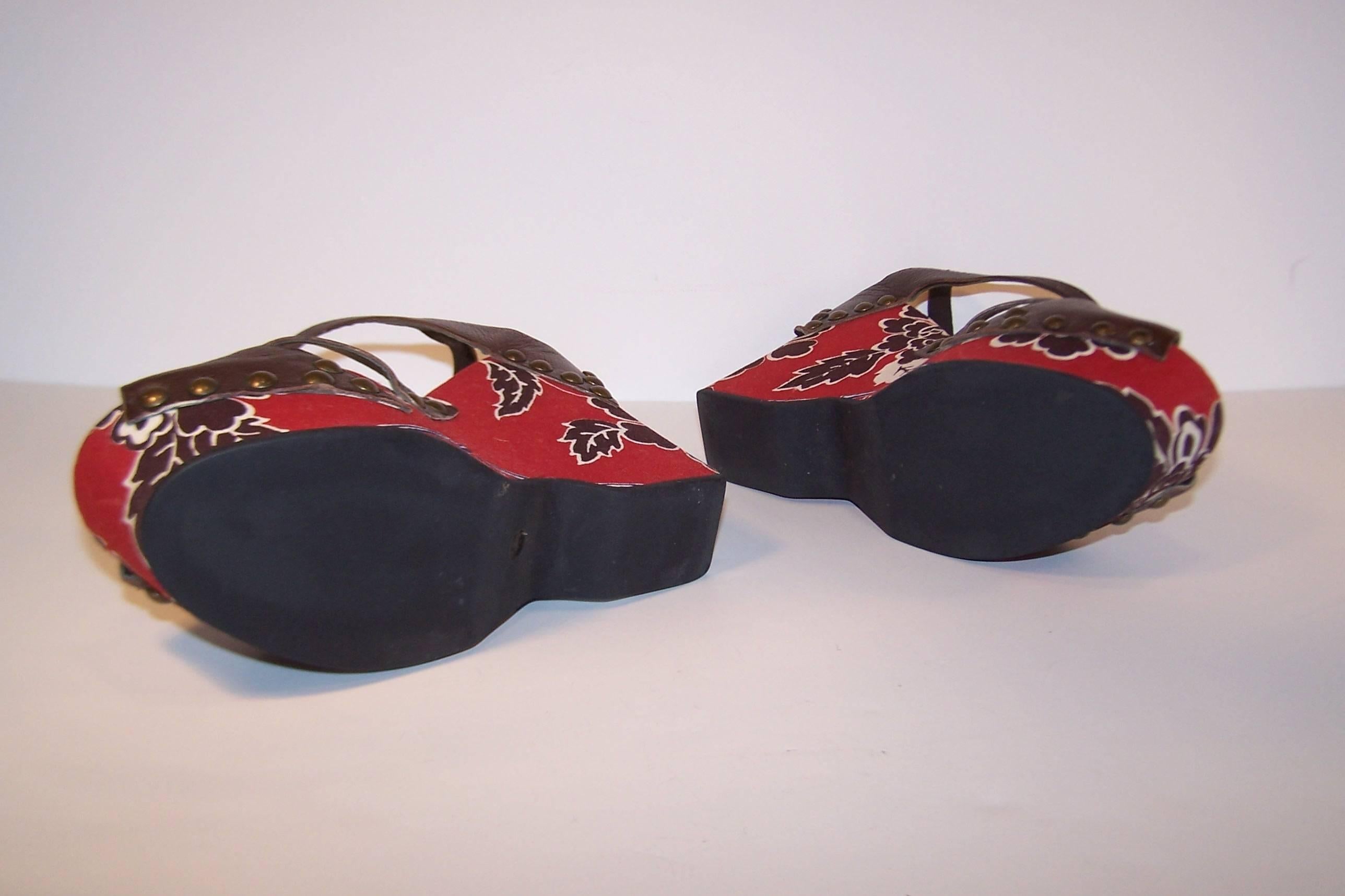 Miu Miu Platform Wedge Leather Sandals With Tropical Motif 37.5  In Excellent Condition In Atlanta, GA