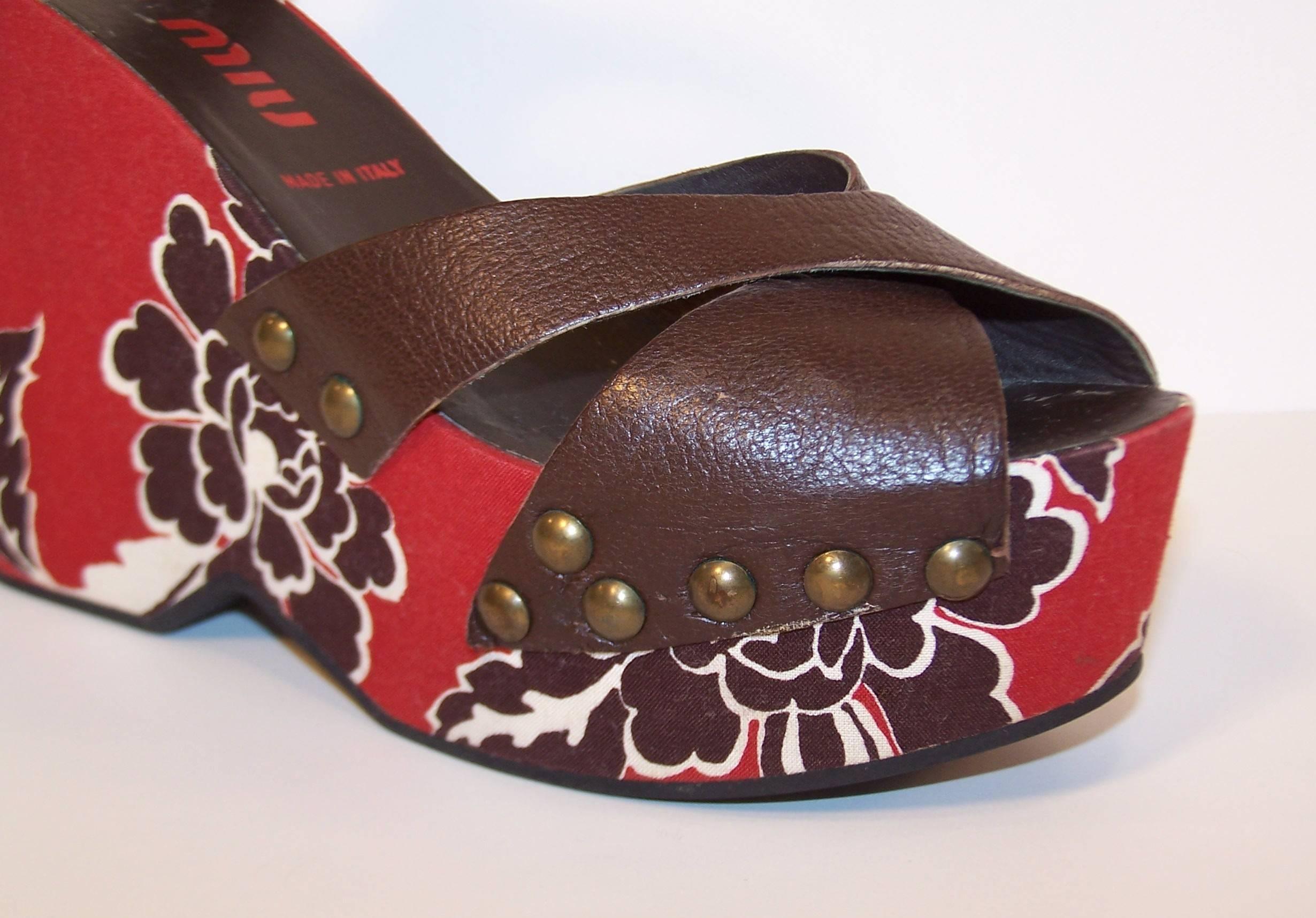 Miu Miu Platform Wedge Leather Sandals With Tropical Motif 37.5  1