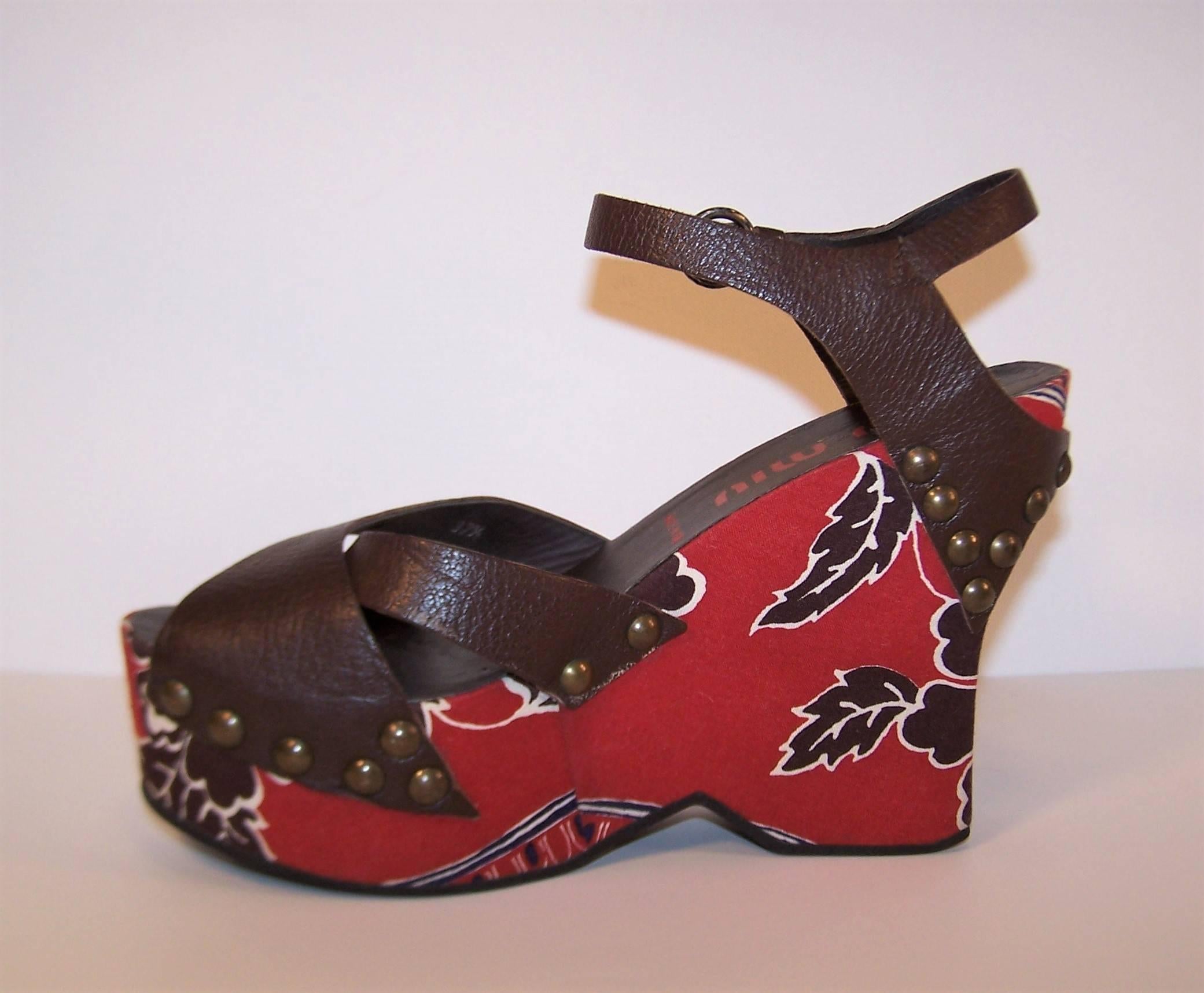 Miu Miu Platform Wedge Leather Sandals With Tropical Motif 37.5  3