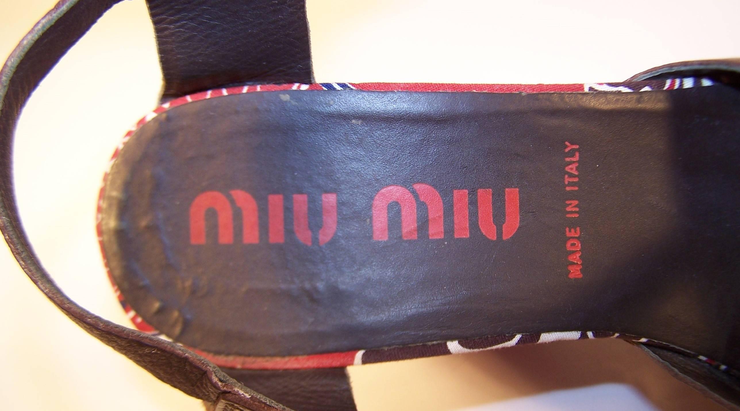 Miu Miu Platform Wedge Leather Sandals With Tropical Motif 37.5  5