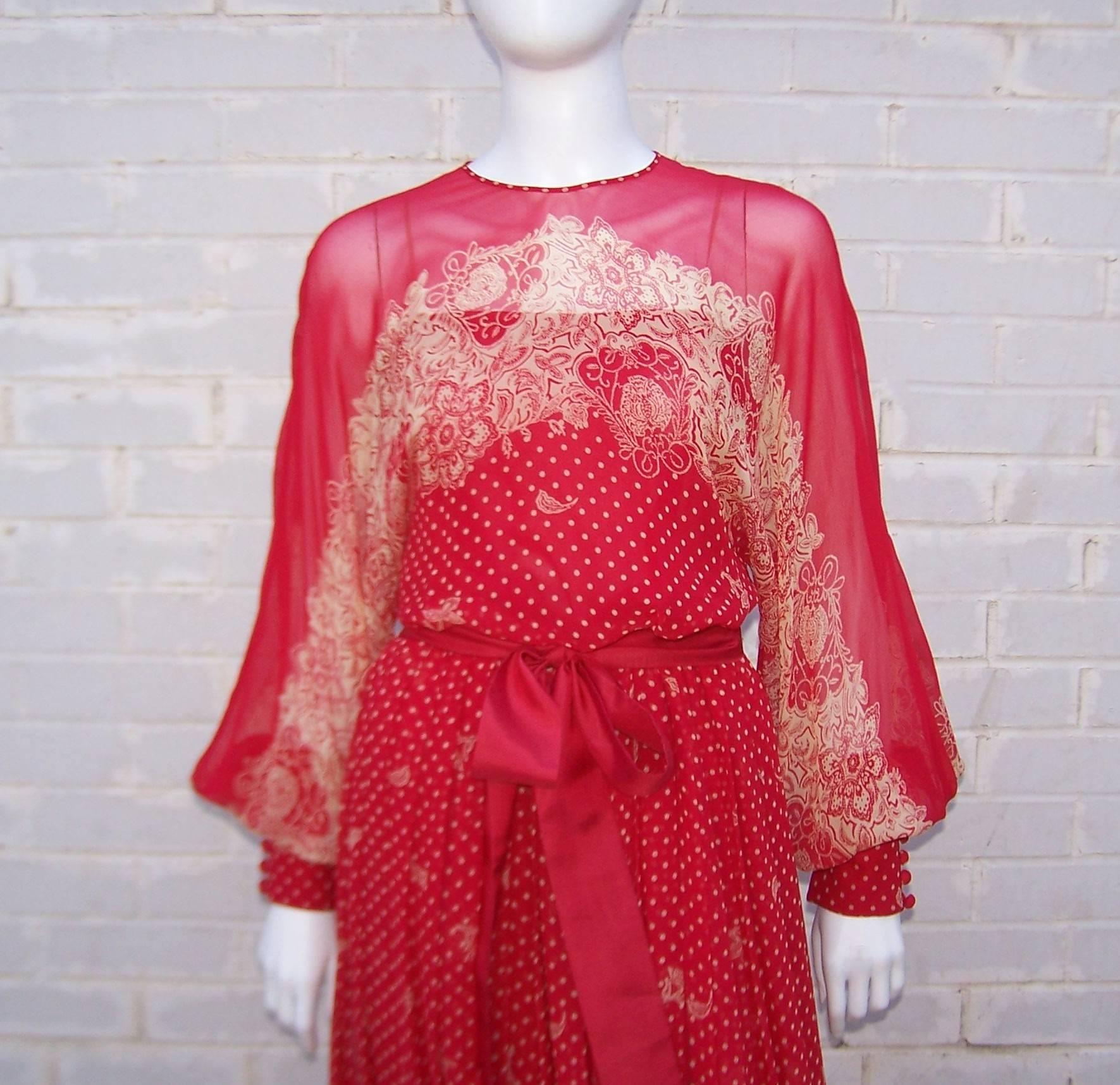 Ethereal 1980's Adele Simpson Sheer Red Silk Chiffon Dress In Excellent Condition In Atlanta, GA