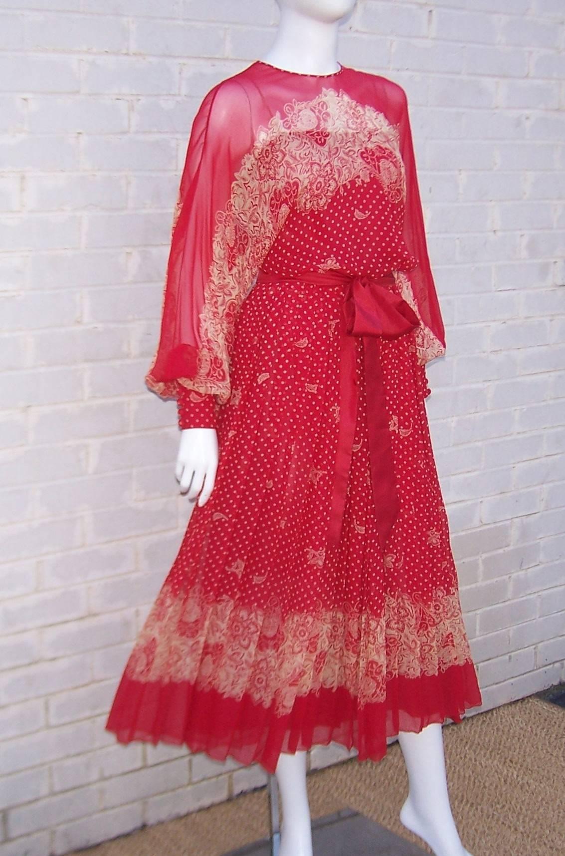 Women's Ethereal 1980's Adele Simpson Sheer Red Silk Chiffon Dress