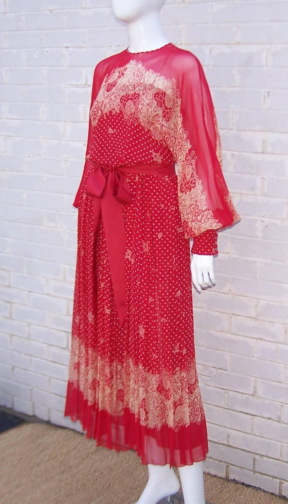 Ethereal 1980's Adele Simpson Sheer Red Silk Chiffon Dress 1