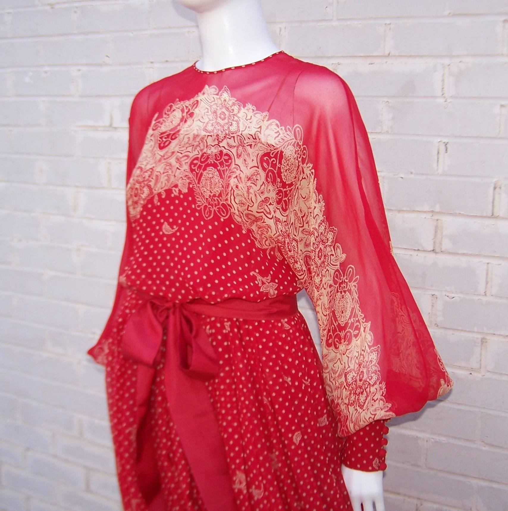 Ethereal 1980's Adele Simpson Sheer Red Silk Chiffon Dress 2