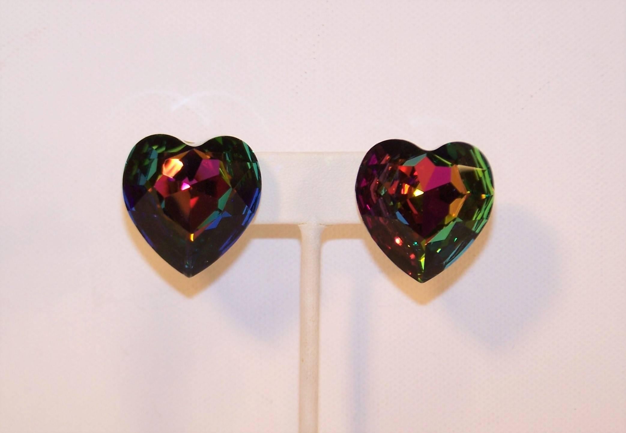 Modern 1980's Aurora Borealis Crystal Heart Shaped Clip On Earrings
