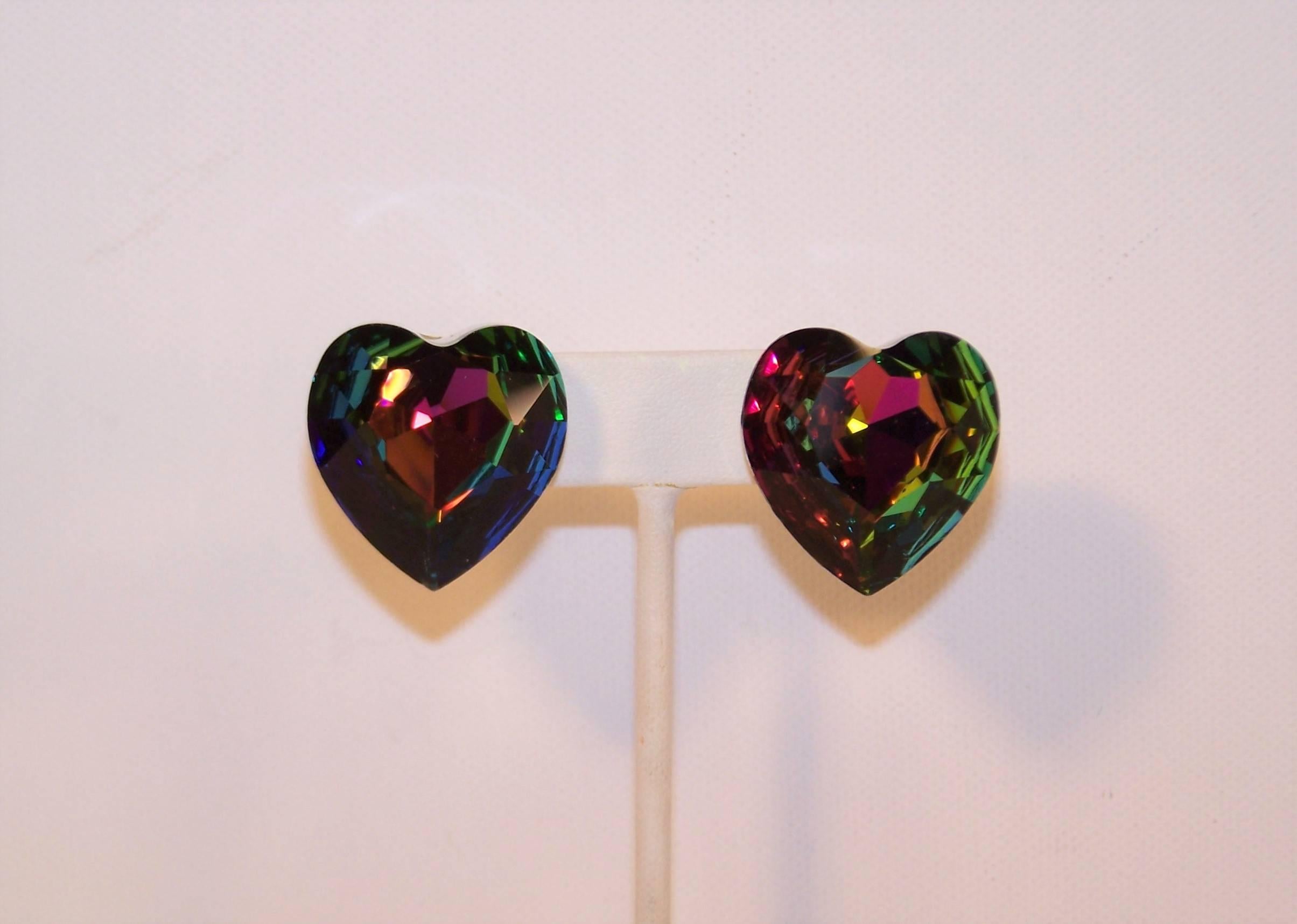 Women's 1980's Aurora Borealis Crystal Heart Shaped Clip On Earrings