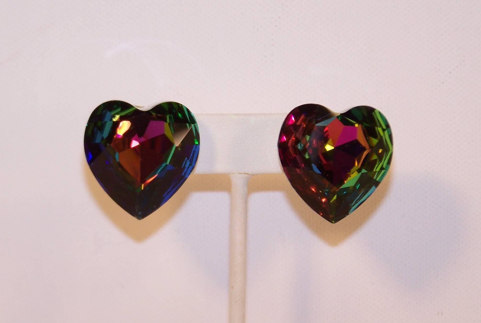 1980's Aurora Borealis Crystal Heart Shaped Clip On Earrings 1