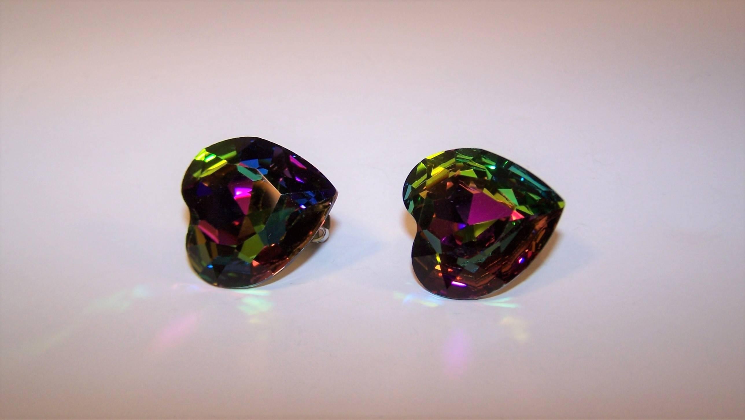 1980's Aurora Borealis Crystal Heart Shaped Clip On Earrings 2