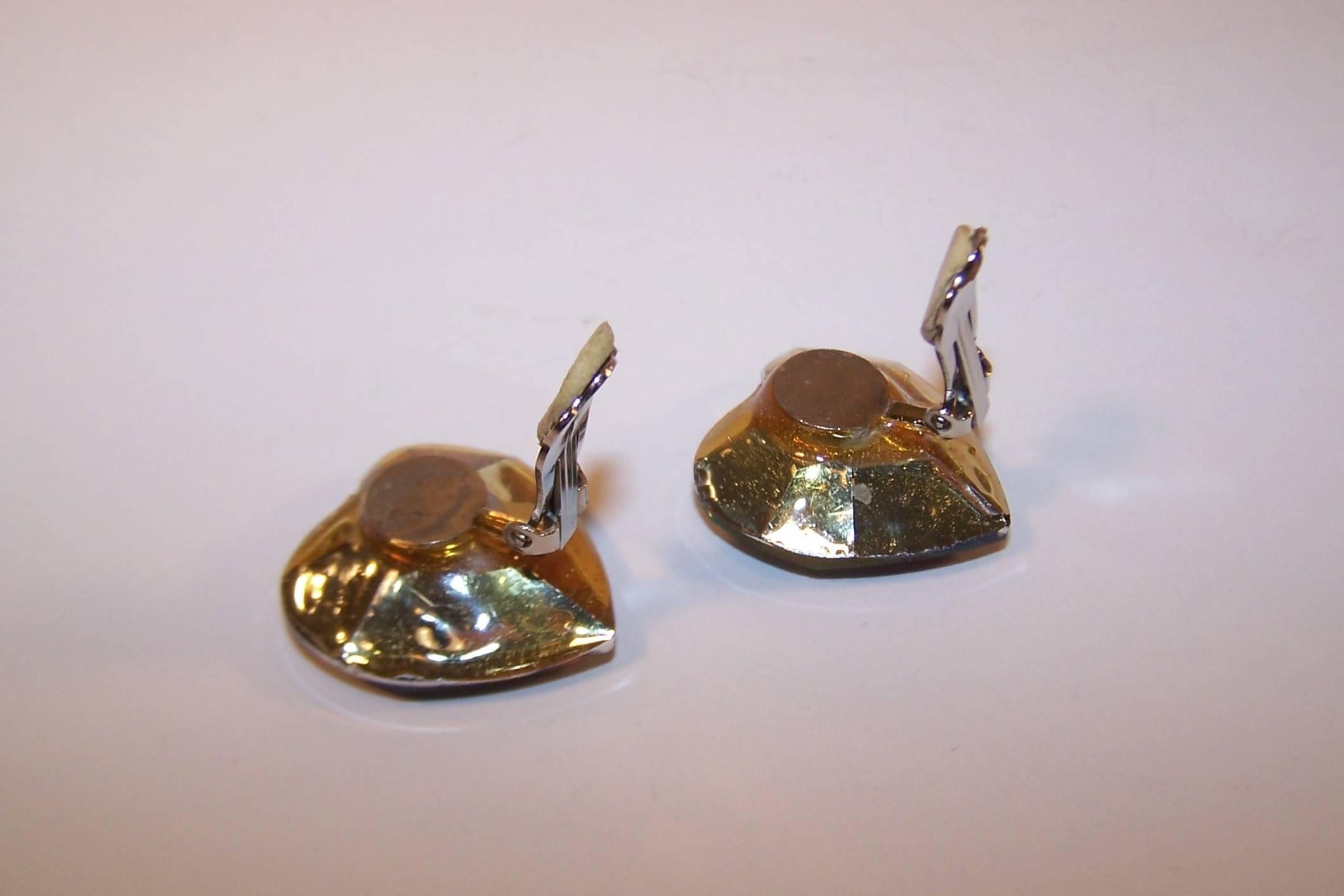 1980's Aurora Borealis Crystal Heart Shaped Clip On Earrings 3