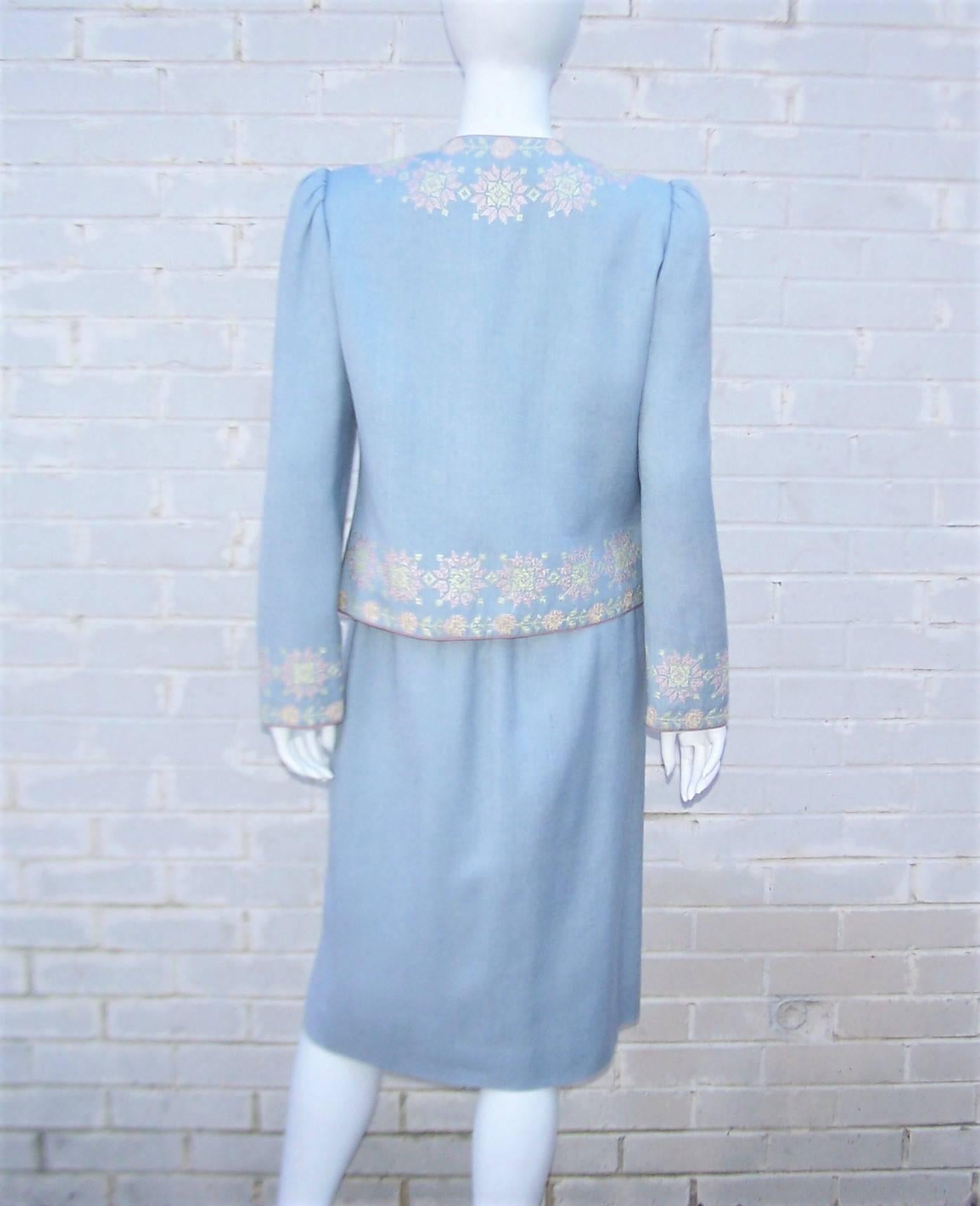 C.1980 Oscar de la Renta Baby Blue Linen Skirt Suit With Pastel Embroidery 3