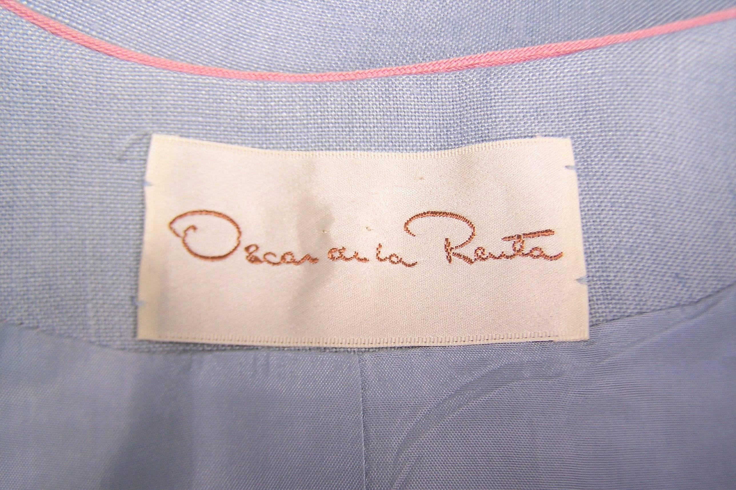 C.1980 Oscar de la Renta Baby Blue Linen Skirt Suit With Pastel Embroidery 5