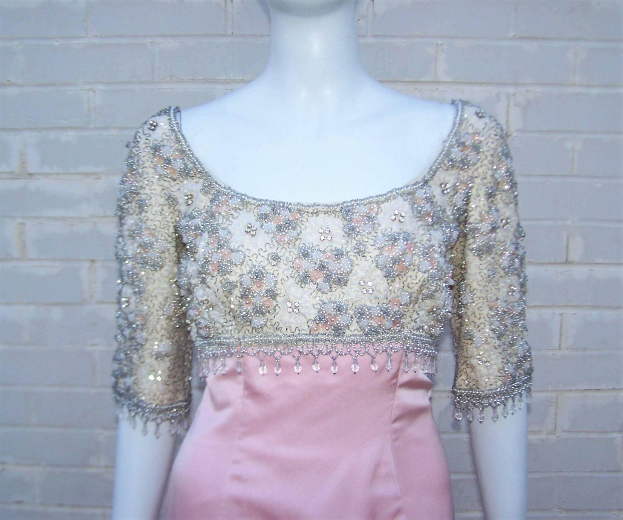 Pretty in Pink 1950's Silk Satin Beaded Princess Dress With Train In Excellent Condition In Atlanta, GA