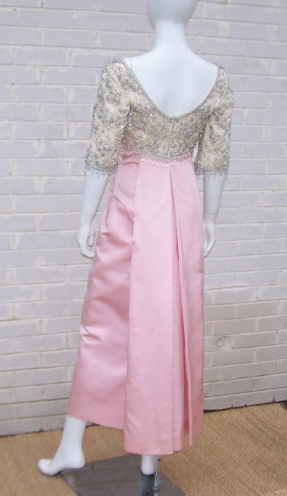 Gray Pretty in Pink 1950's Silk Satin Beaded Princess Dress With Train