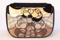 C.1980 Moon Bags Needlepoint Suede & Hand Painted Lacquer Wood Handbag