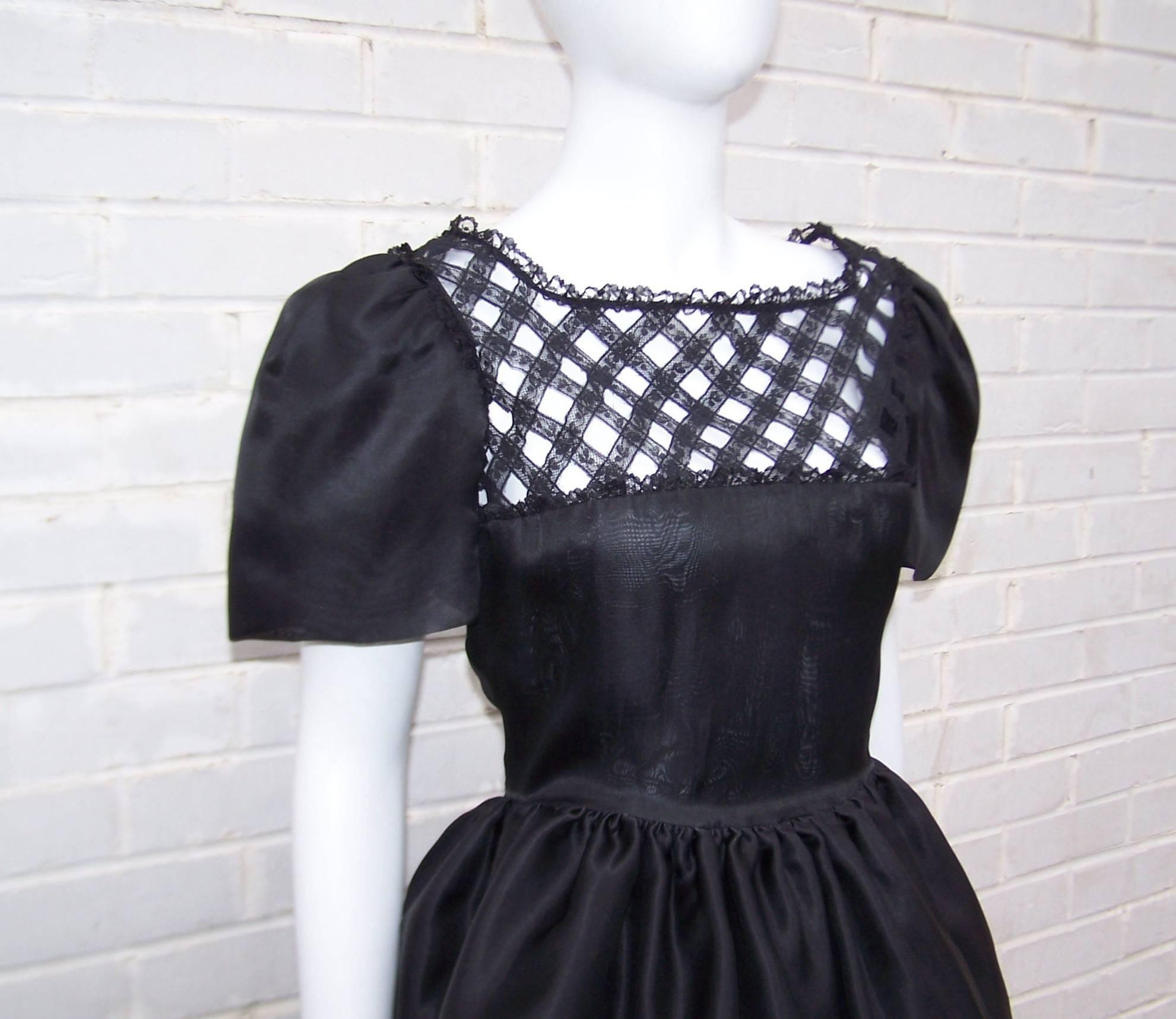 1980's Mary McFadden Silk Organza Black Dress With Lace Lattice In Excellent Condition In Atlanta, GA