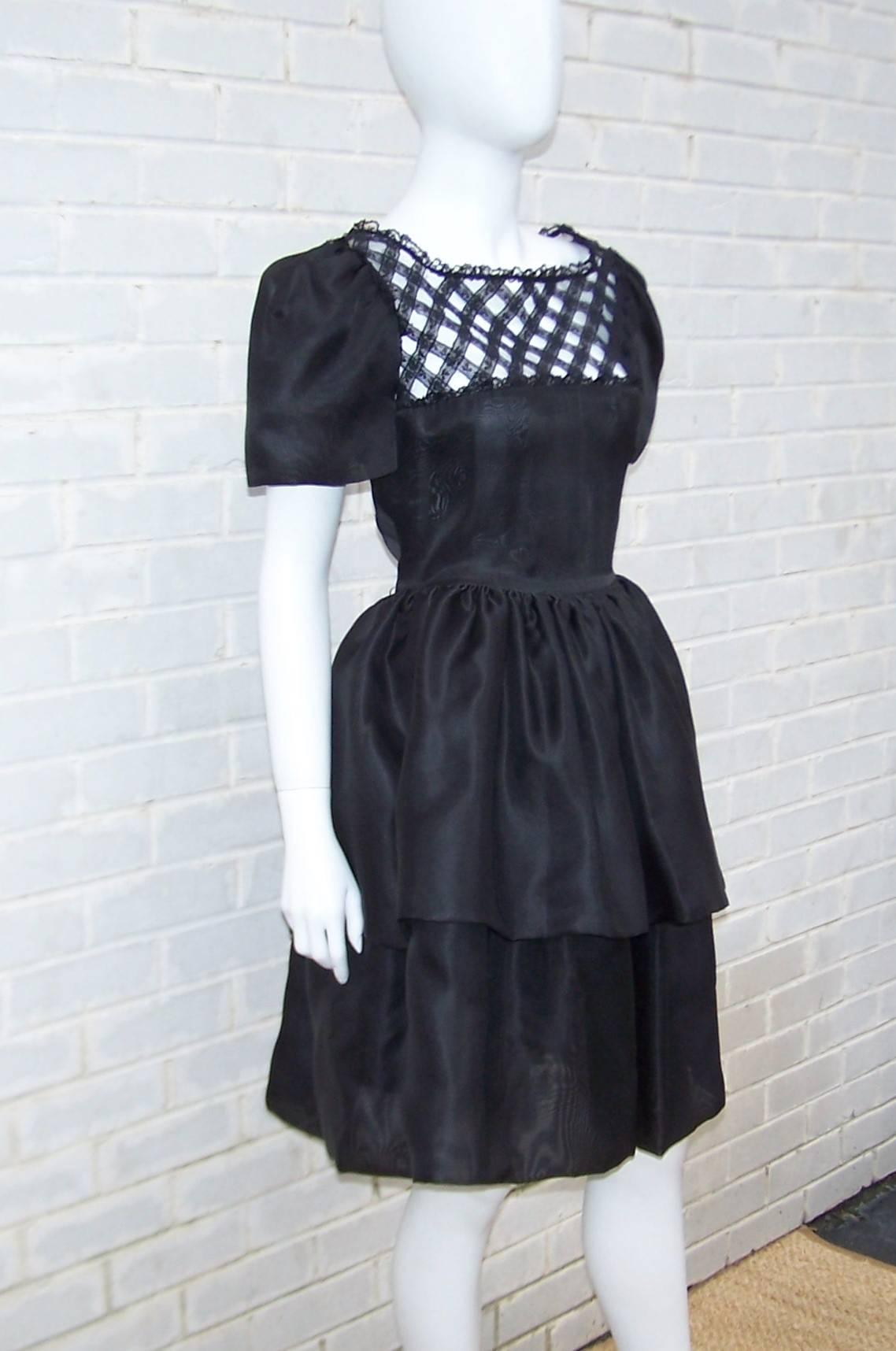 Women's 1980's Mary McFadden Silk Organza Black Dress With Lace Lattice