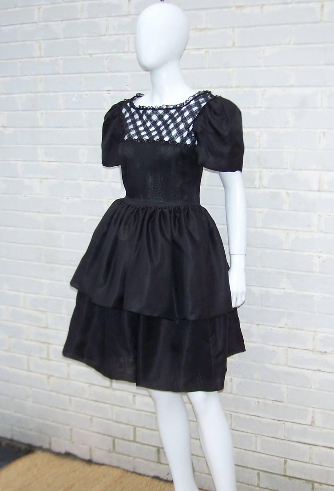 1980's Mary McFadden Silk Organza Black Dress With Lace Lattice 1