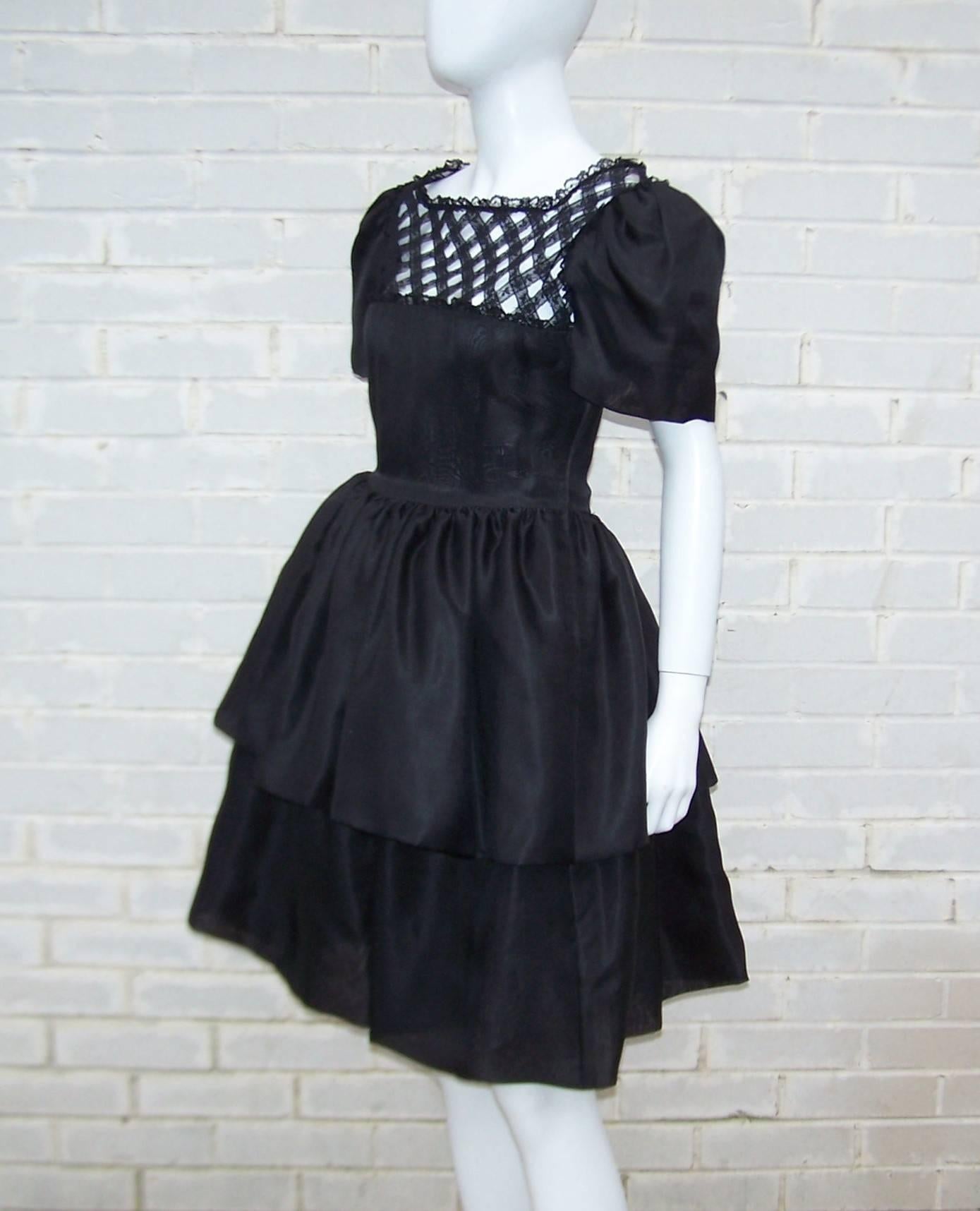 1980's Mary McFadden Silk Organza Black Dress With Lace Lattice 2