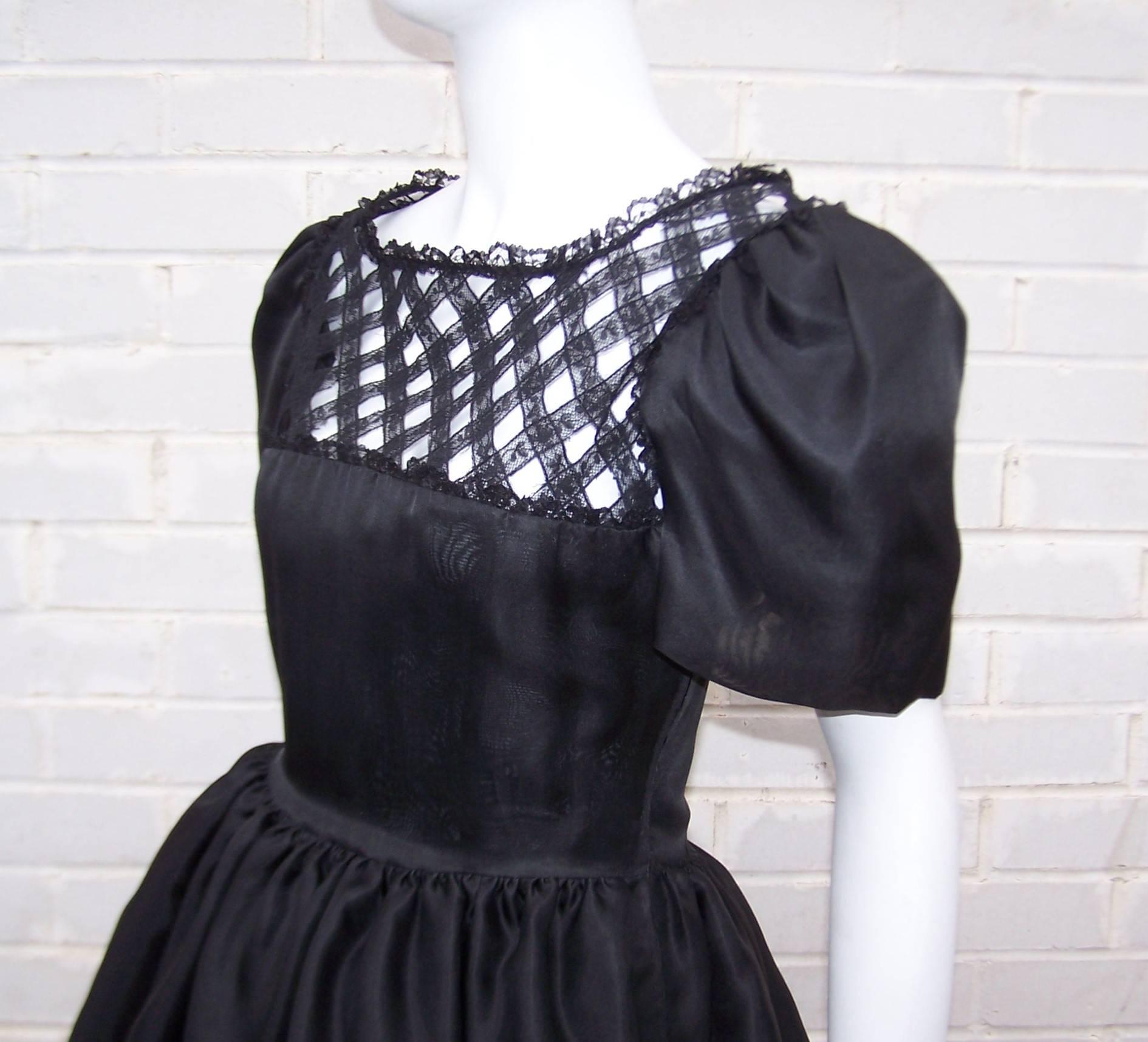 1980's Mary McFadden Silk Organza Black Dress With Lace Lattice 3
