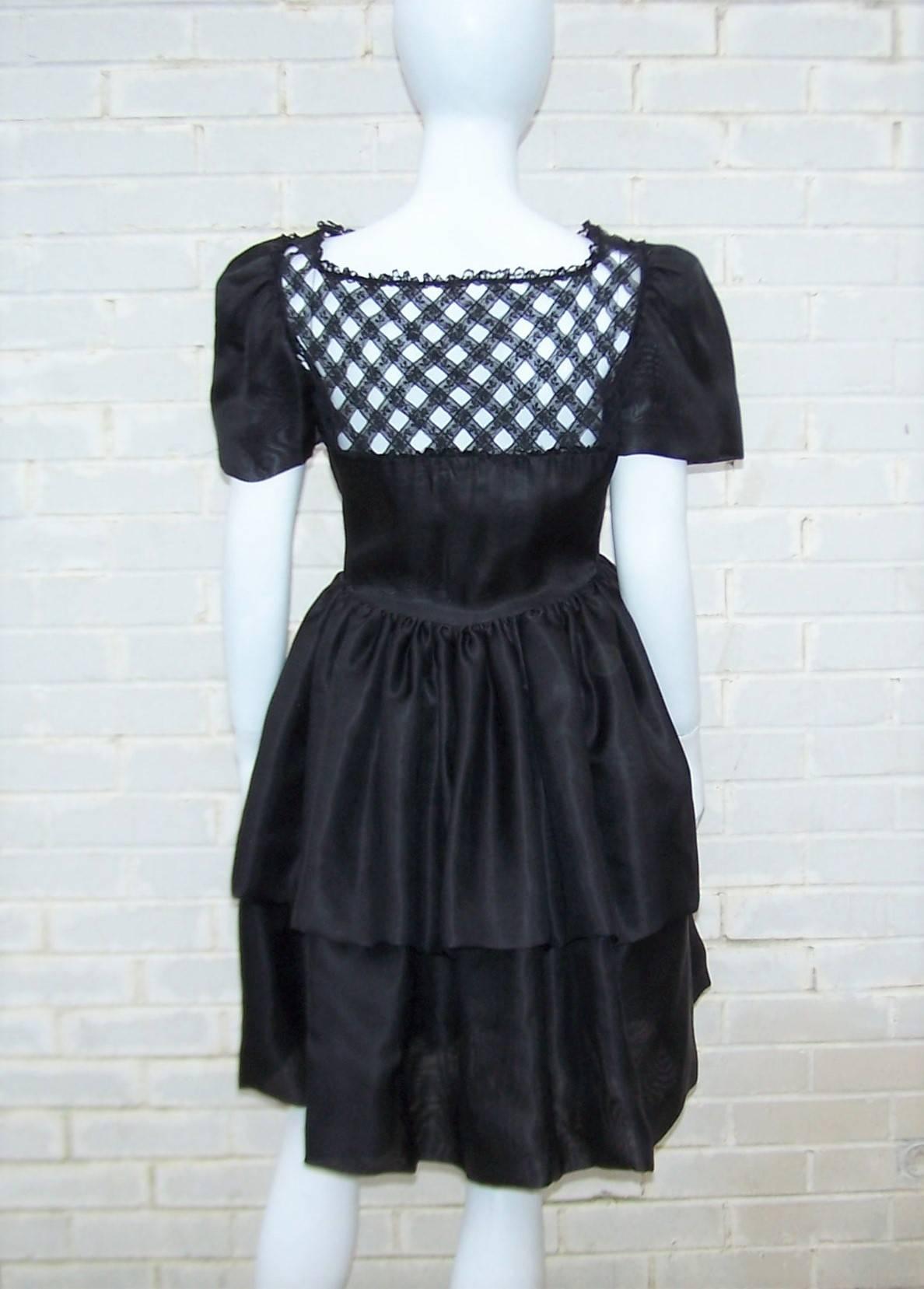 1980's Mary McFadden Silk Organza Black Dress With Lace Lattice 4