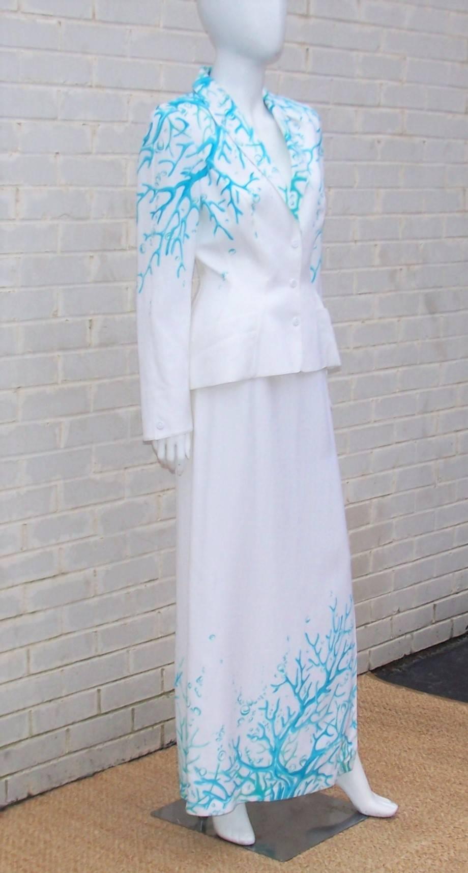 Purple 1980's Thierry Mugler White Linen Evening Suit With Aqua Coral Print