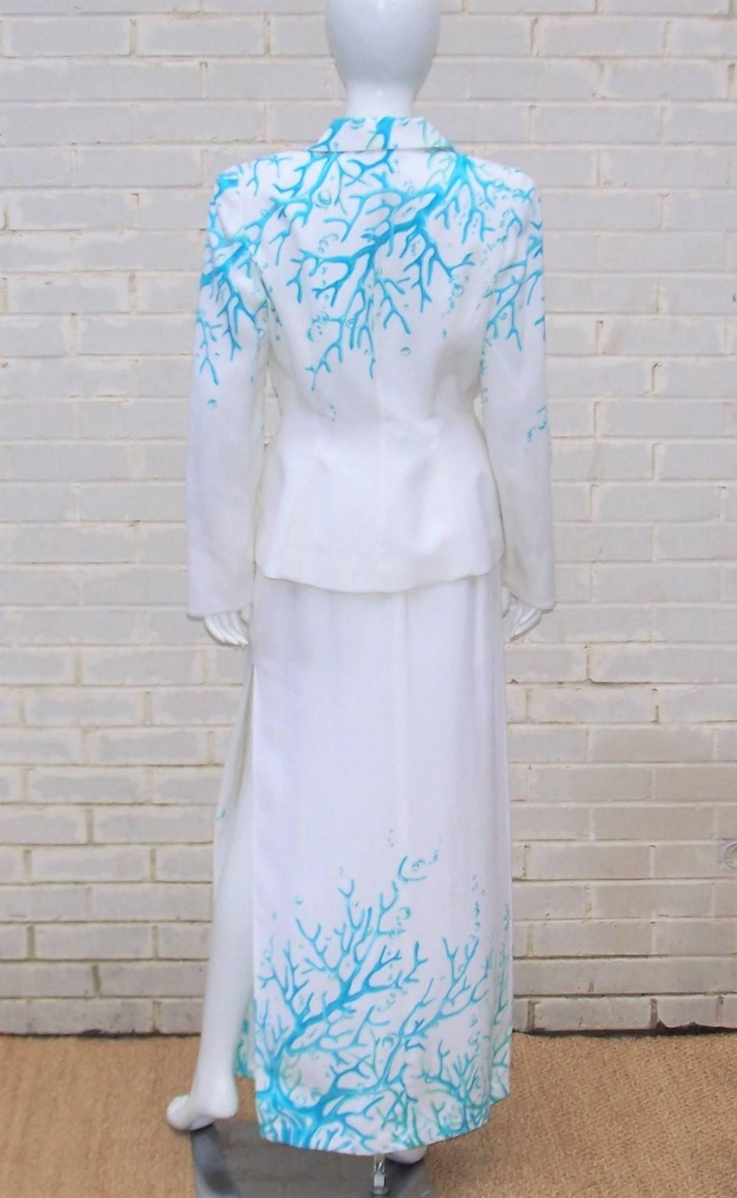 1980's Thierry Mugler White Linen Evening Suit With Aqua Coral Print In Excellent Condition In Atlanta, GA