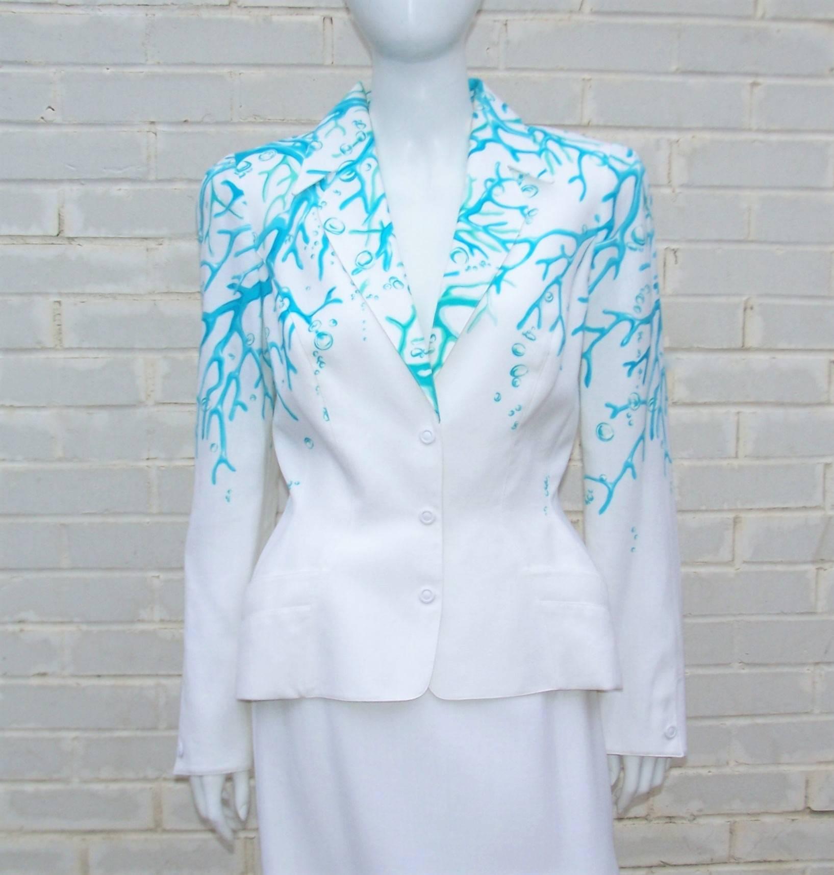 1980's Thierry Mugler White Linen Evening Suit With Aqua Coral Print 2