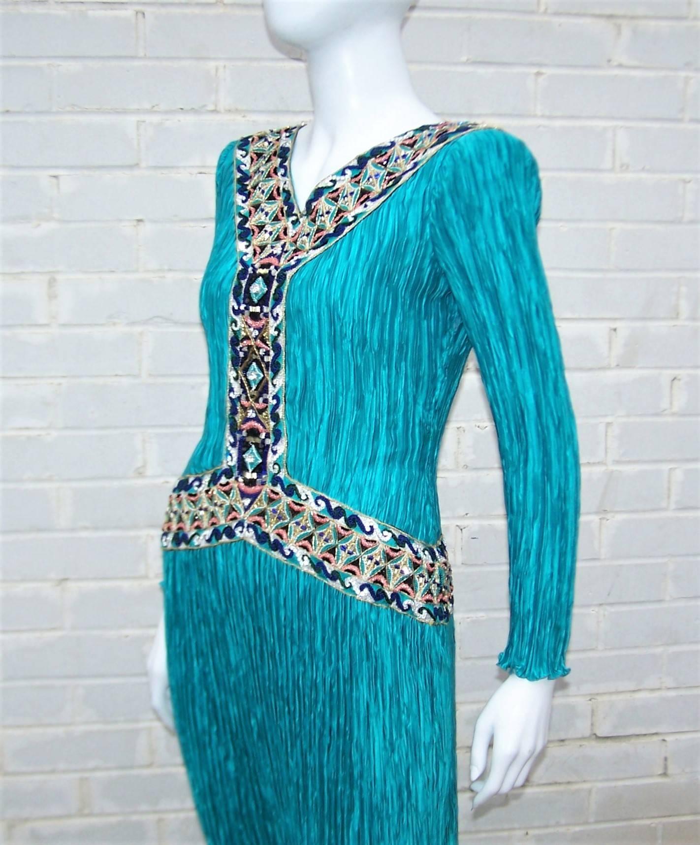 Blue Cleopatra Style 1980's Mary McFadden Turquoise Goddess Dress