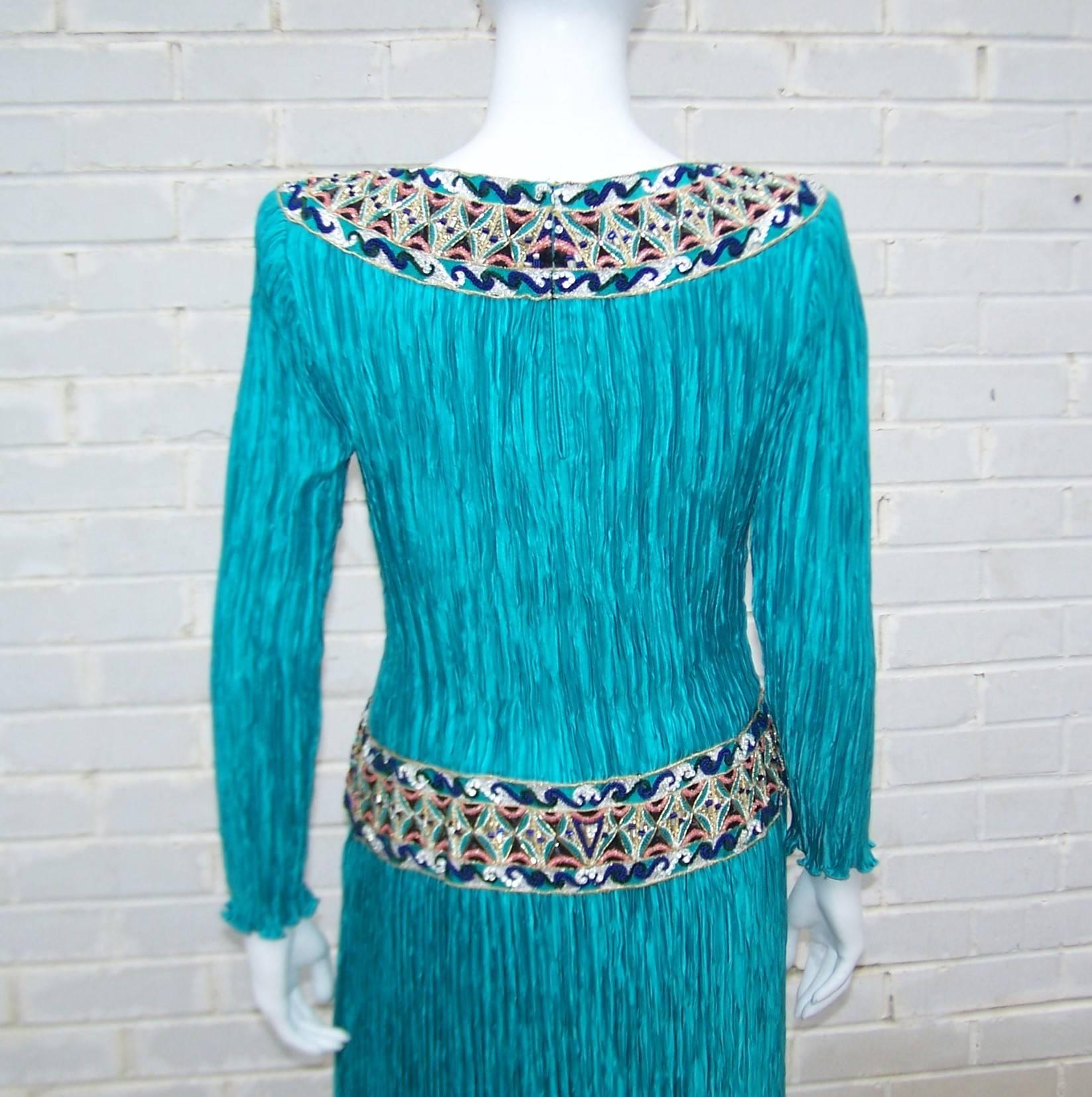 Women's or Men's Cleopatra Style 1980's Mary McFadden Turquoise Goddess Dress