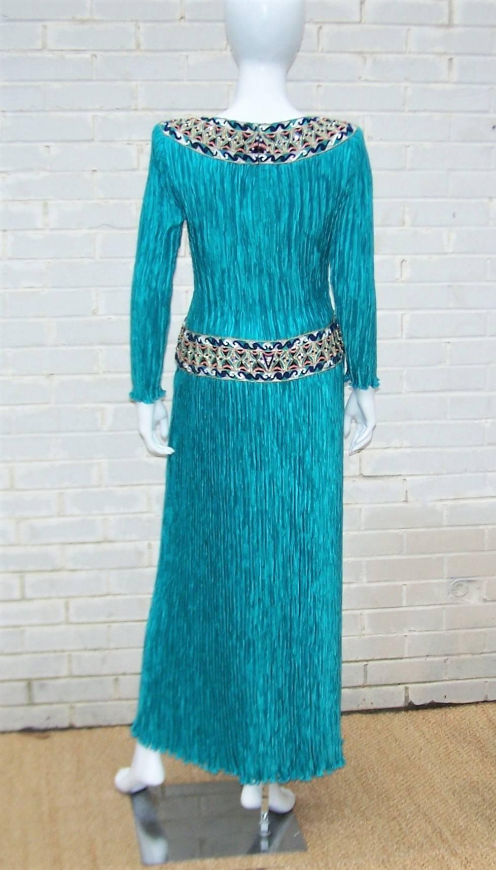 Cleopatra Style 1980's Mary McFadden Turquoise Goddess Dress 1