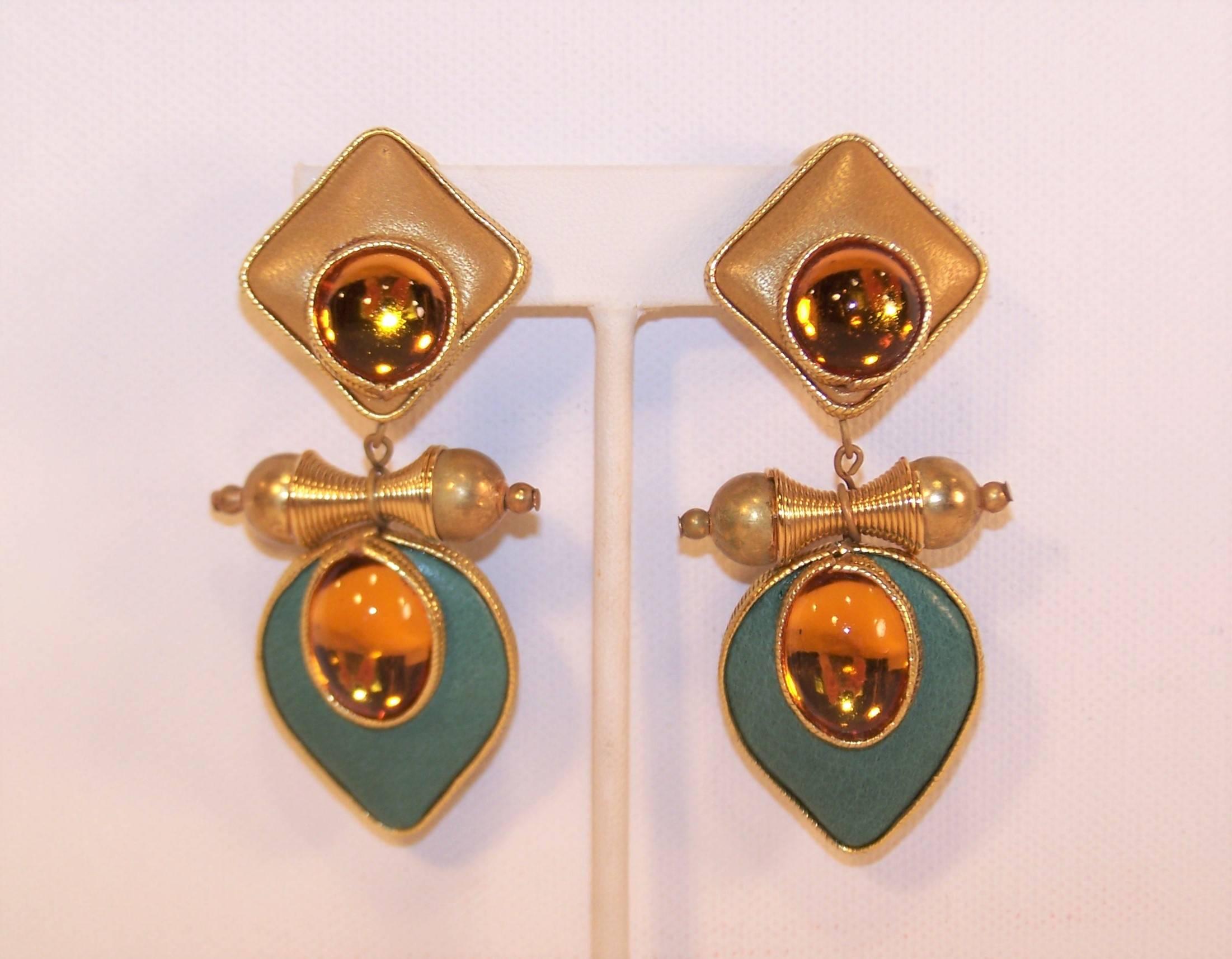 Contemporary Exotic 1980's Gold & Teal Leather Drop Dangle Earrings