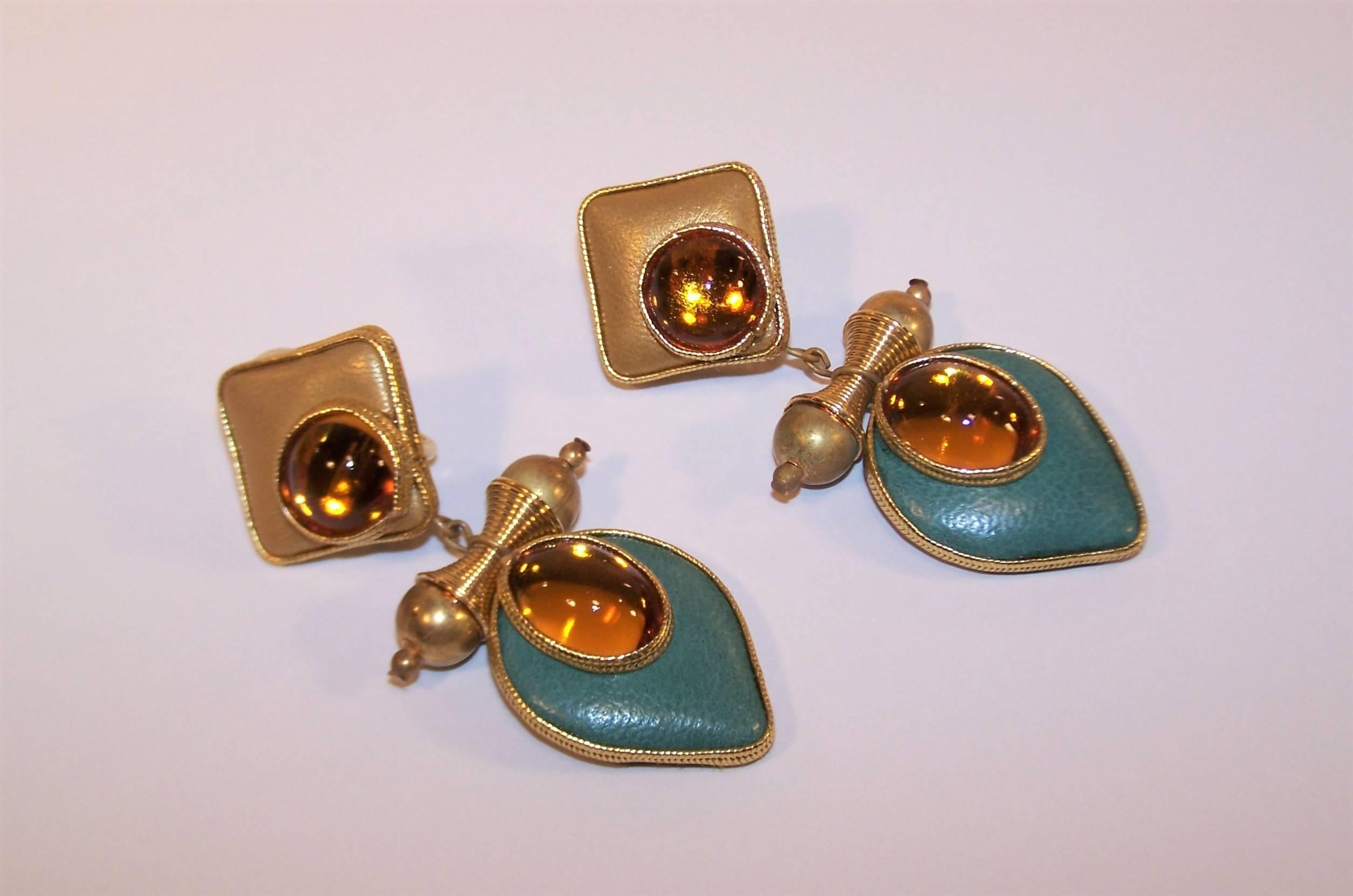 Women's Exotic 1980's Gold & Teal Leather Drop Dangle Earrings