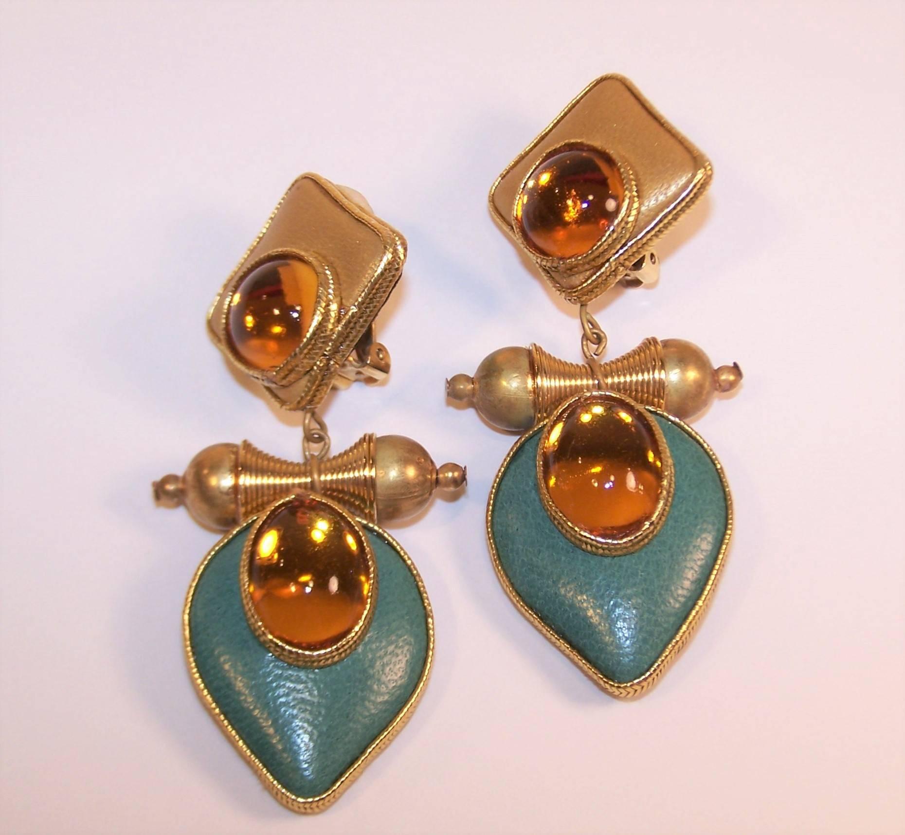 Exotic 1980's Gold & Teal Leather Drop Dangle Earrings 1