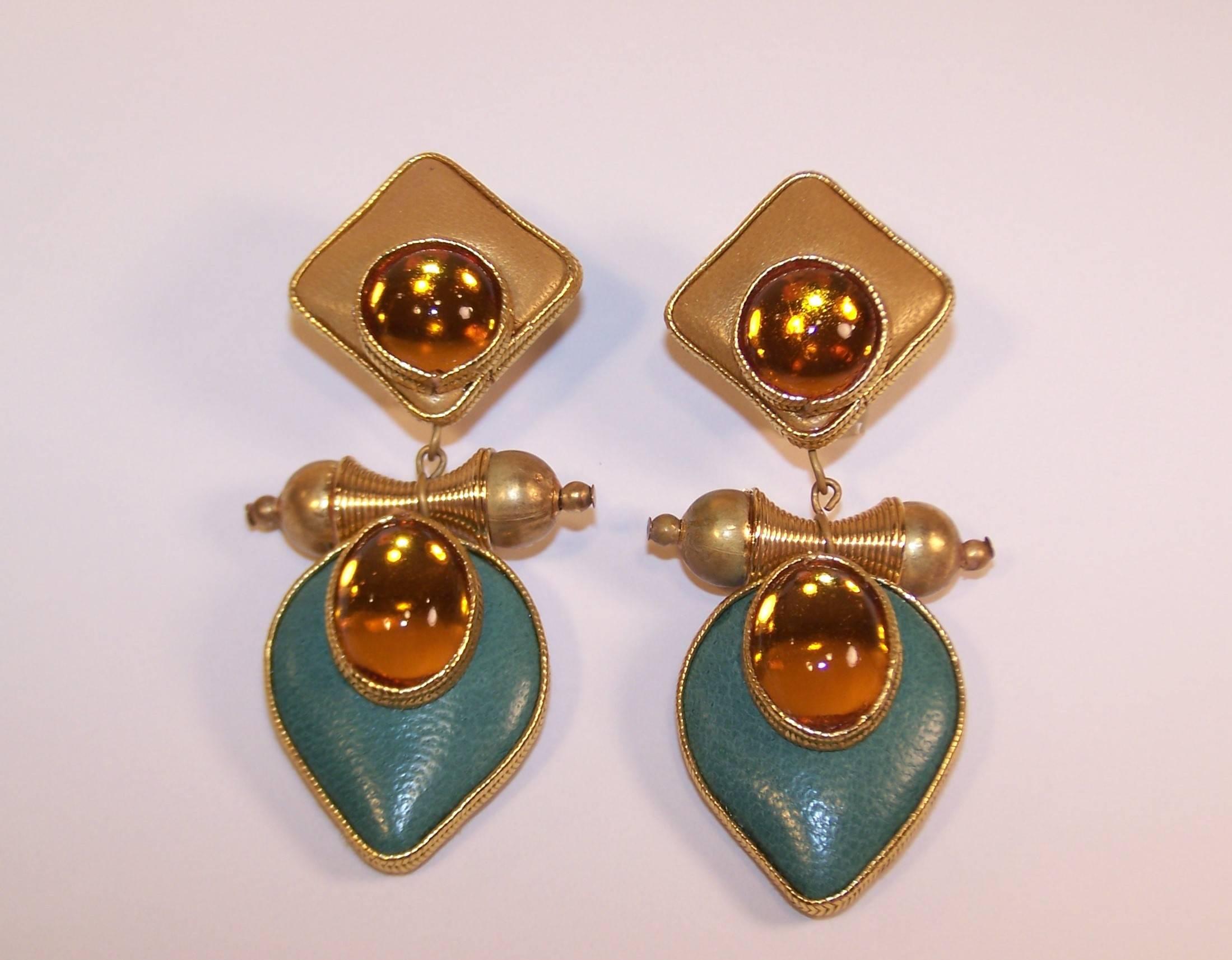 Exotic 1980's Gold & Teal Leather Drop Dangle Earrings 2