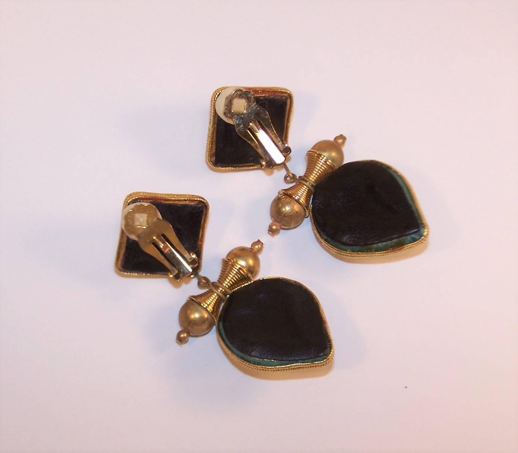 Exotic 1980's Gold & Teal Leather Drop Dangle Earrings 3