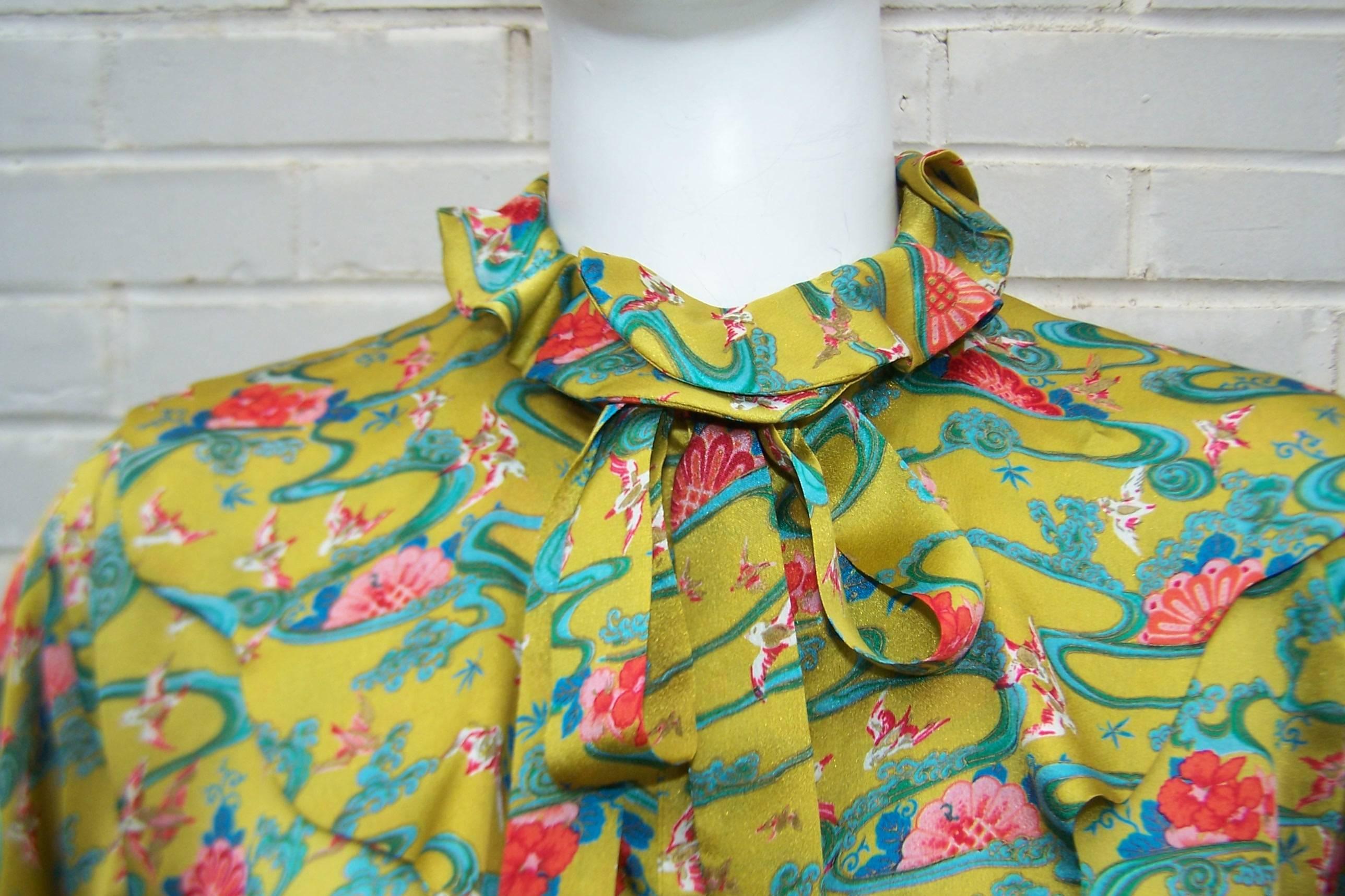 Asian Inspired 1970's Emanuel Ungaro Silk Chartreuse Blouse In Excellent Condition In Atlanta, GA