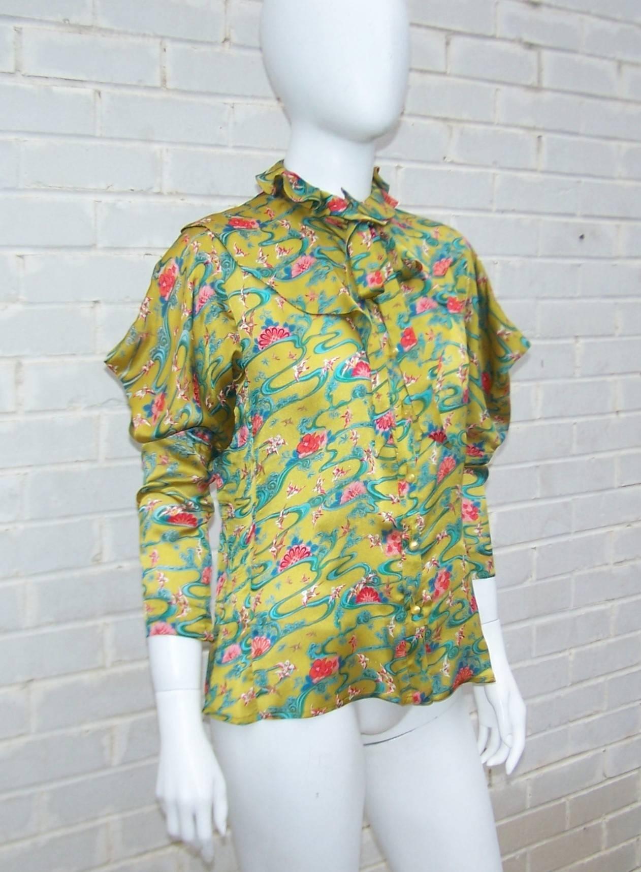 Women's Asian Inspired 1970's Emanuel Ungaro Silk Chartreuse Blouse