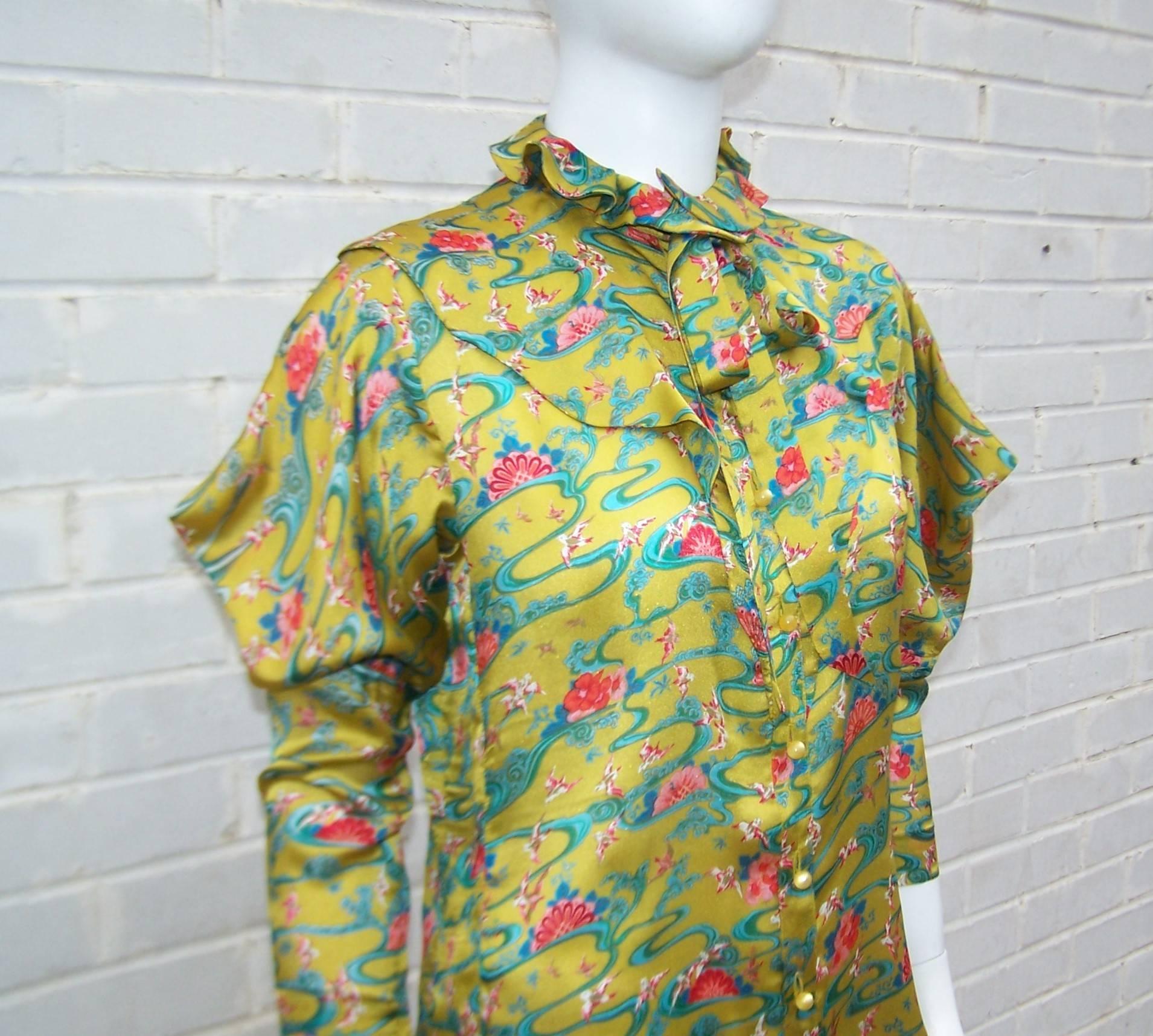 Asian Inspired 1970's Emanuel Ungaro Silk Chartreuse Blouse 1