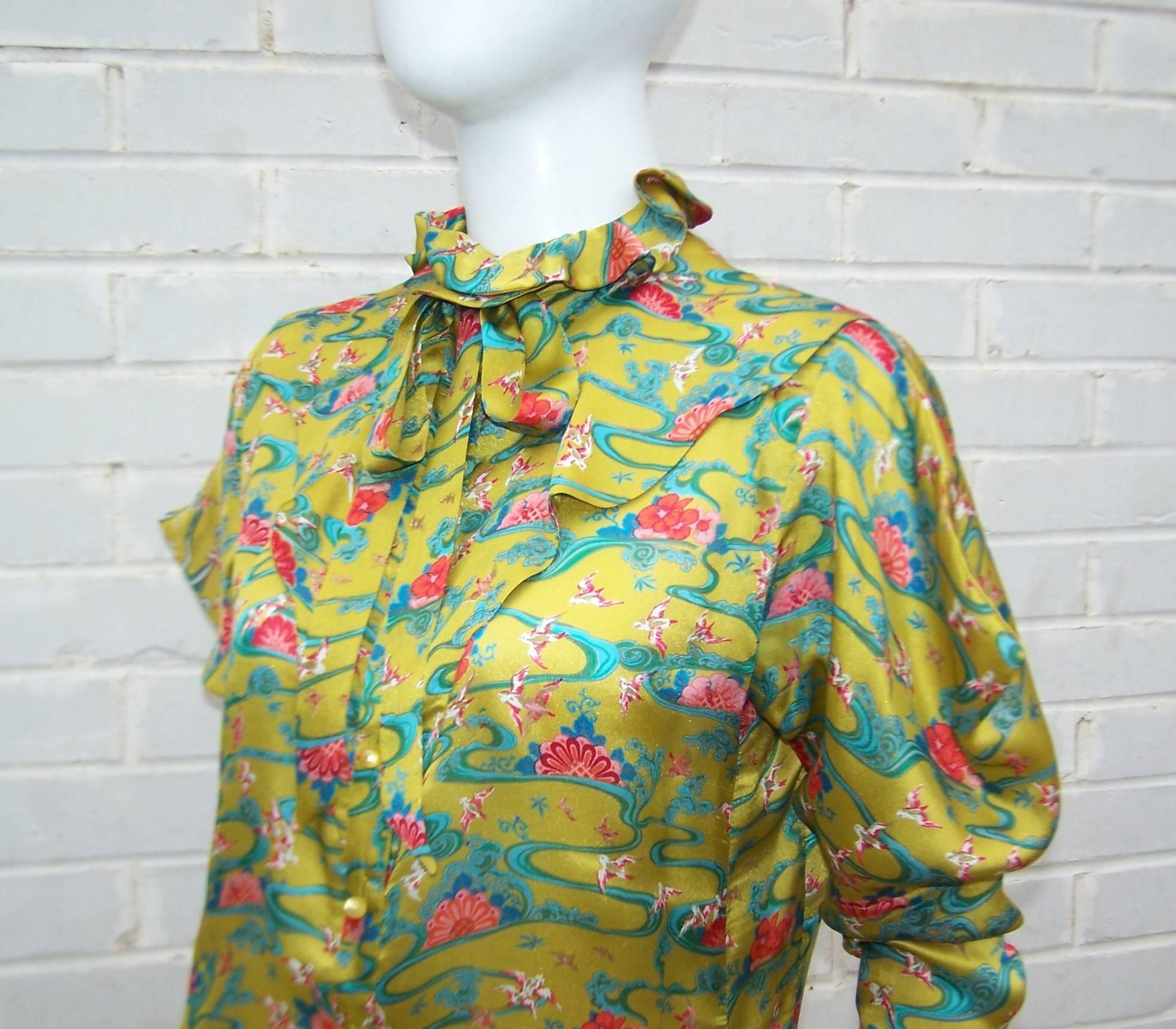 Asian Inspired 1970's Emanuel Ungaro Silk Chartreuse Blouse 2