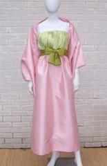 1960's Bob Bugnand Pink & Green Silk Strapless Dress With Wrap