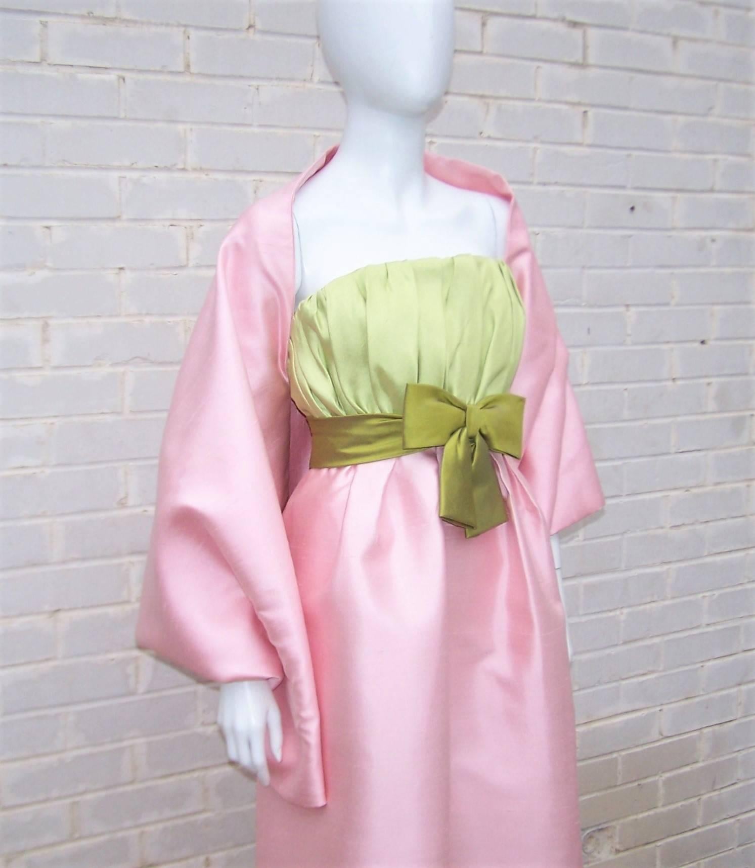 pink and green silk dress