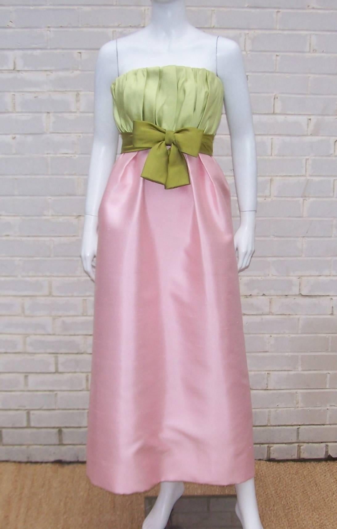 Beige 1960's Bob Bugnand Pink & Green Silk Strapless Dress With Wrap