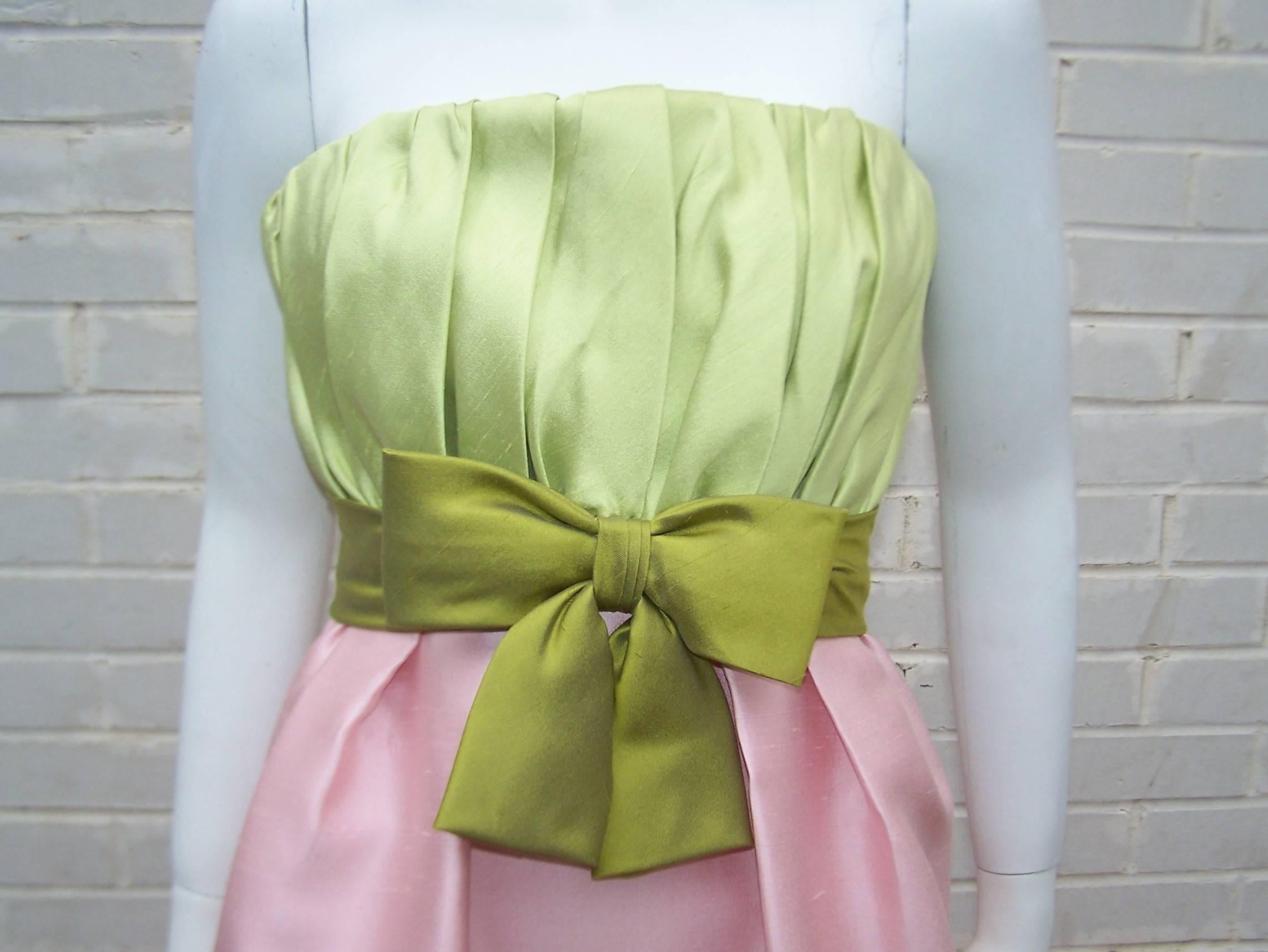 1960's Bob Bugnand Pink & Green Silk Strapless Dress With Wrap In Good Condition In Atlanta, GA