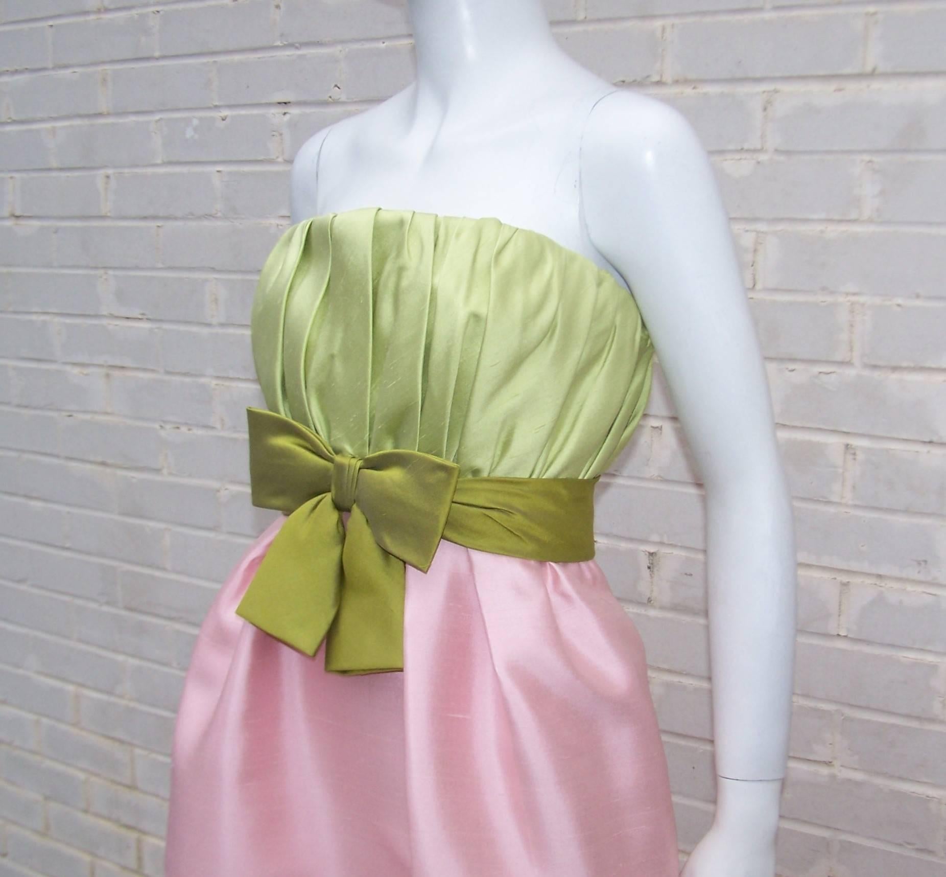 Women's 1960's Bob Bugnand Pink & Green Silk Strapless Dress With Wrap