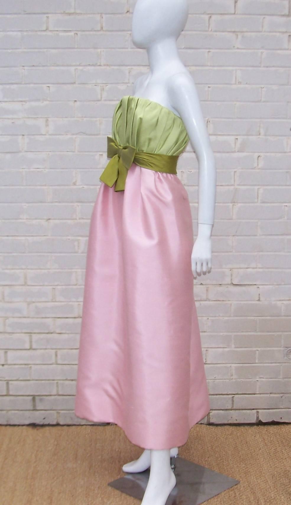 1960's Bob Bugnand Pink & Green Silk Strapless Dress With Wrap 1