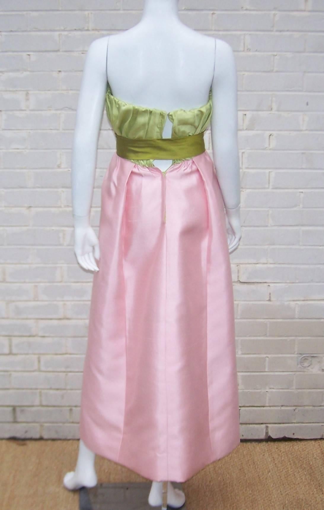 1960's Bob Bugnand Pink & Green Silk Strapless Dress With Wrap 3