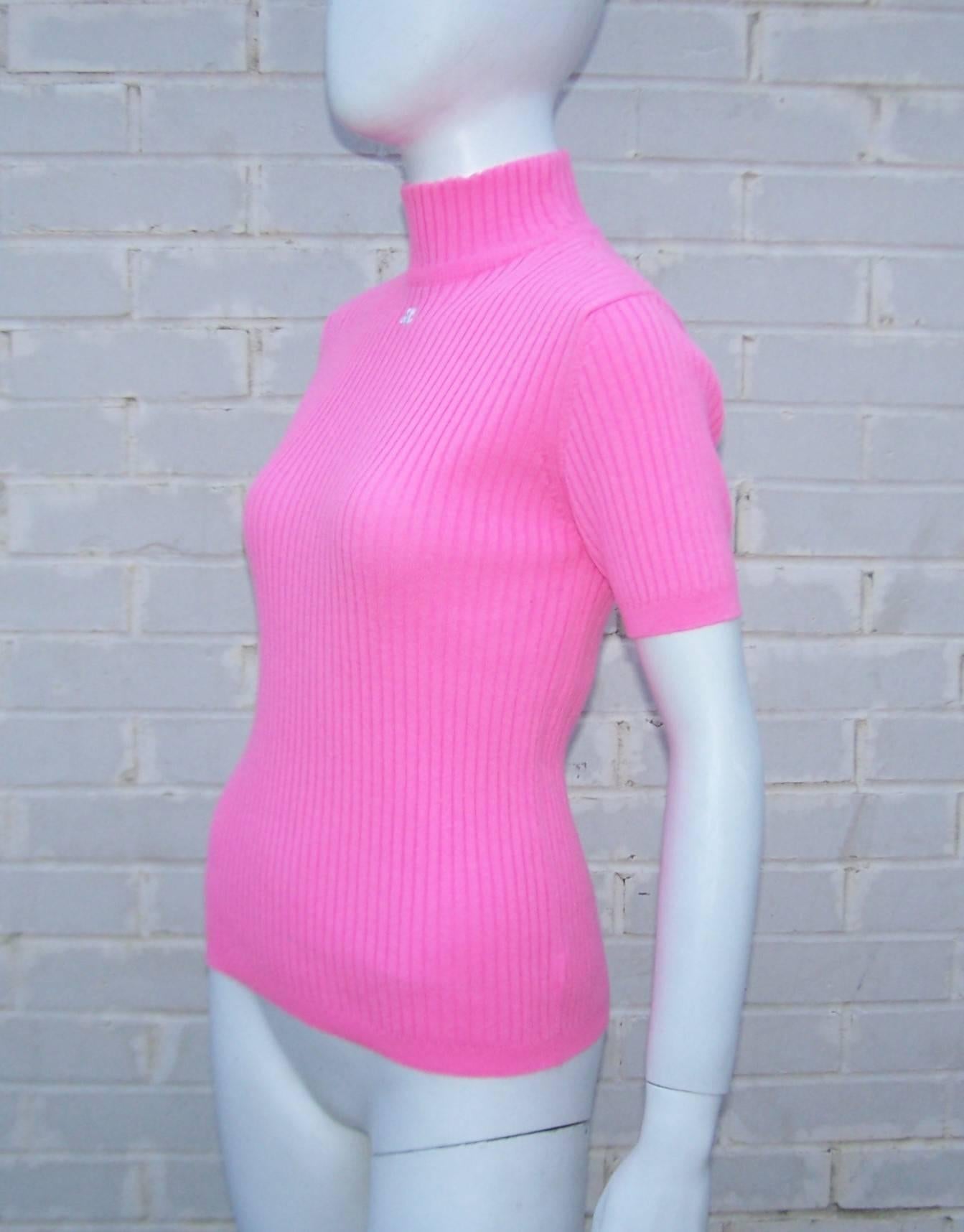 Mod 1990's Courreges Hot Pink Turtleneck Sweater Top In Excellent Condition In Atlanta, GA