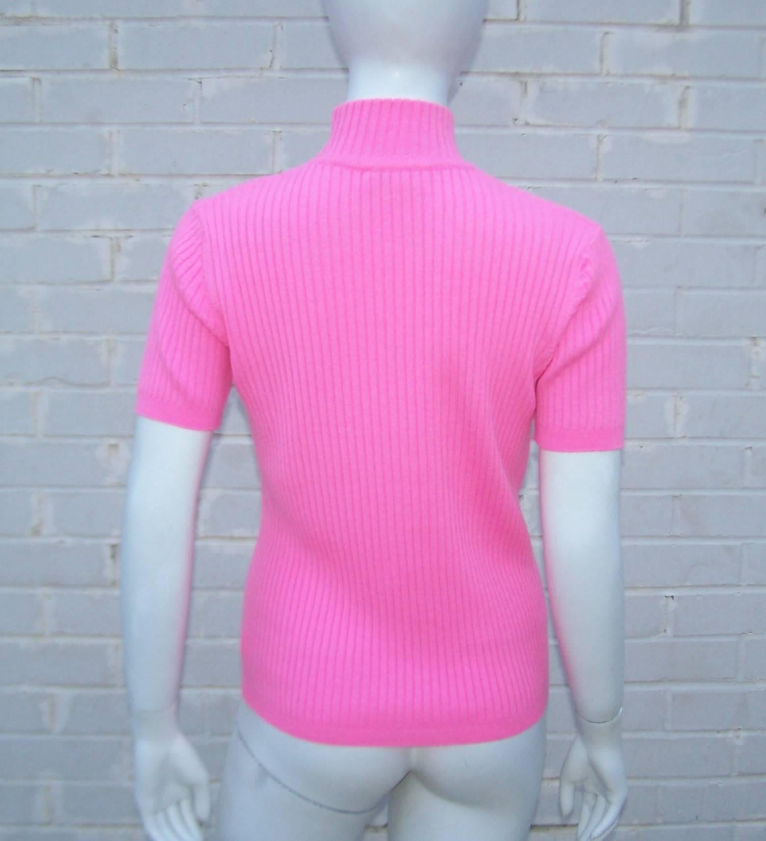 Women's Mod 1990's Courreges Hot Pink Turtleneck Sweater Top