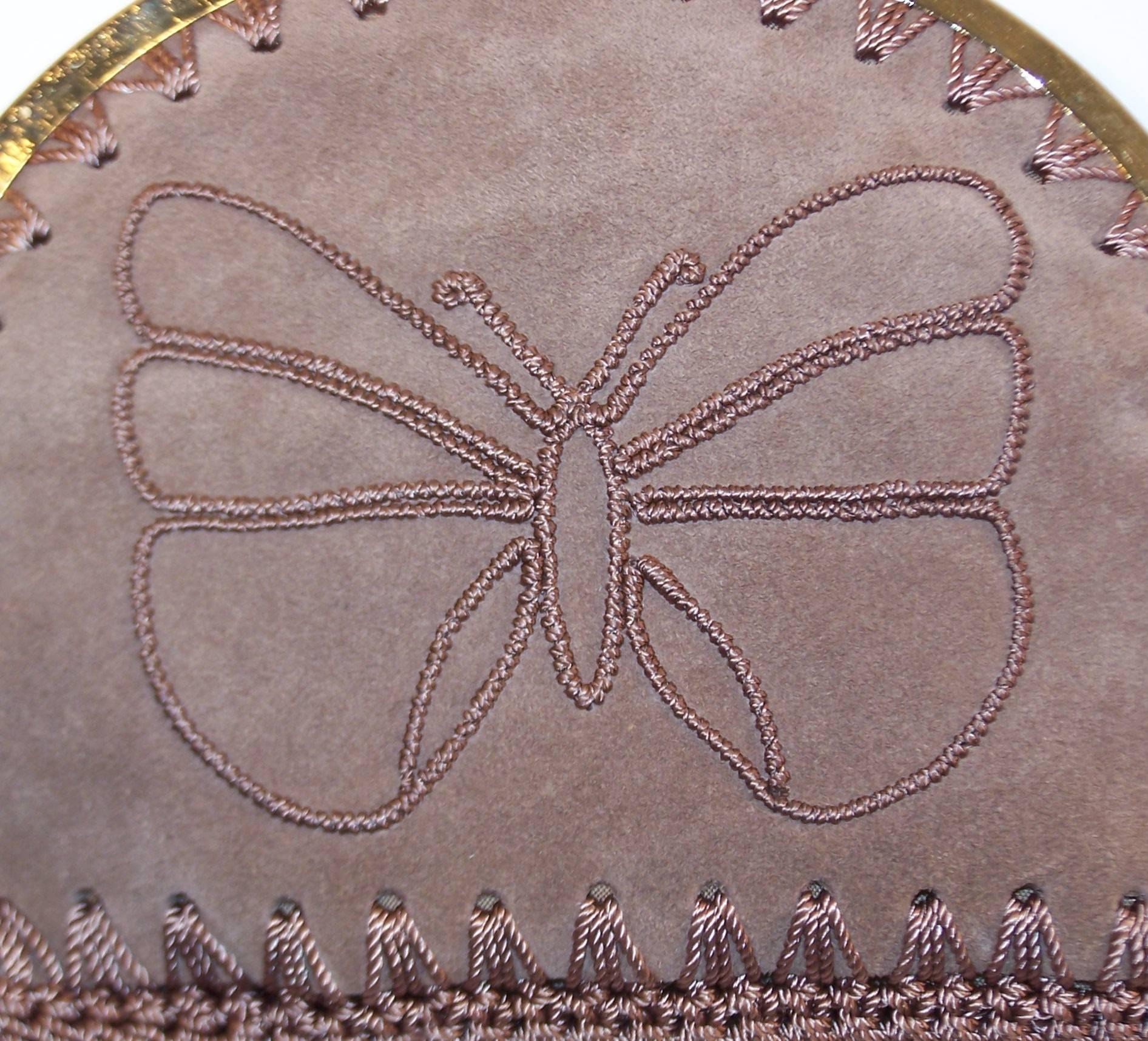 1970's Neiman Marcus Bohemian Suede Clutch With Crochet & Butterflies In Excellent Condition In Atlanta, GA