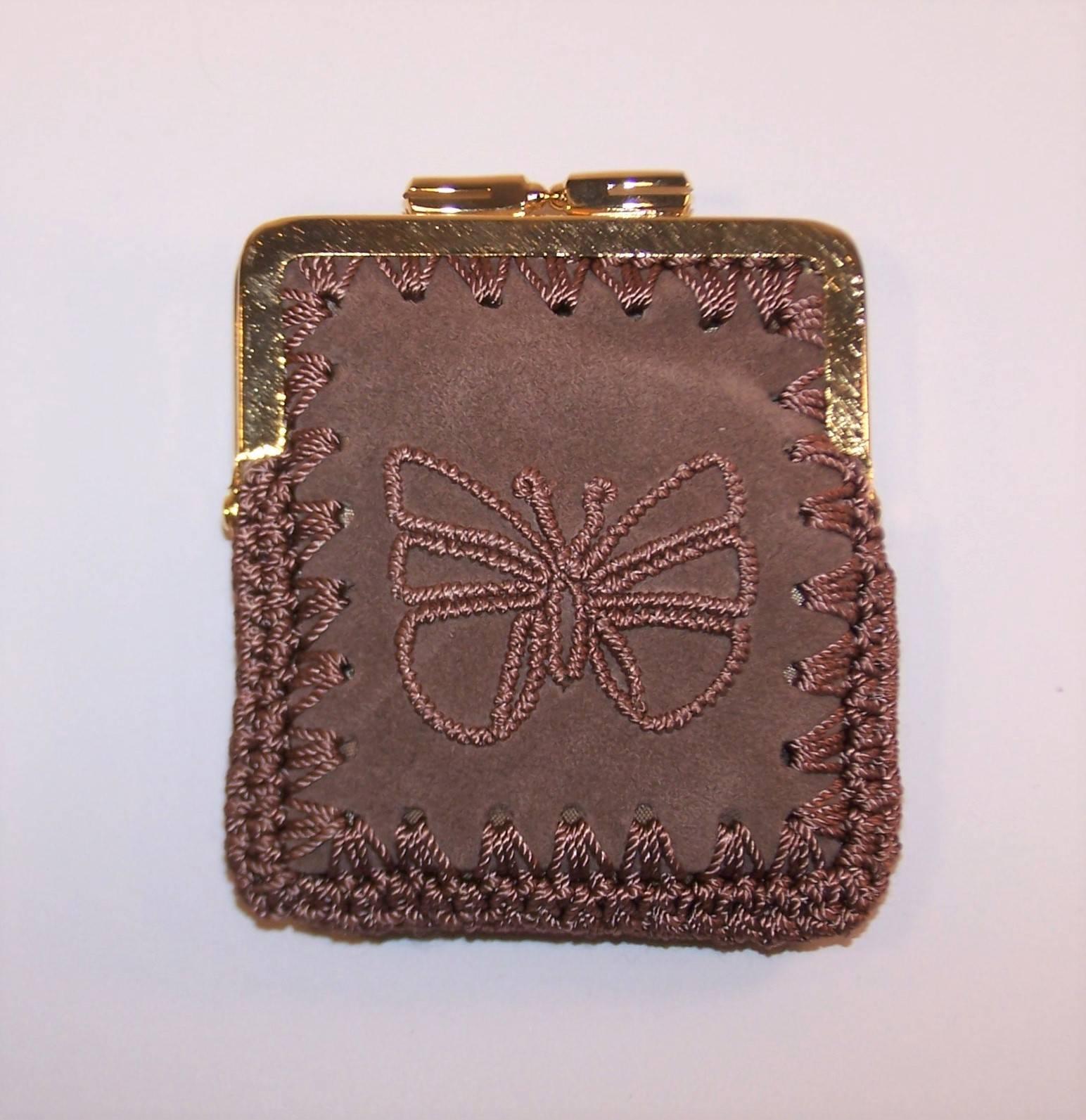 Women's 1970's Neiman Marcus Bohemian Suede Clutch With Crochet & Butterflies